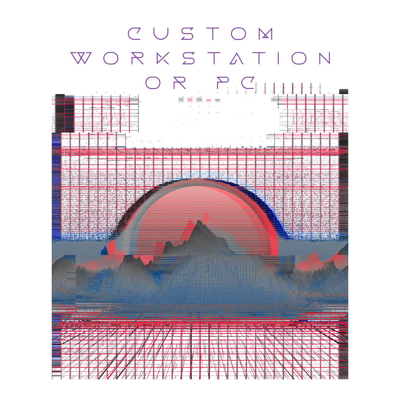 A digital glitch art image featuring a stylized sunset with mountains and grid overlay, combined with computer circuit-like elements in purple, red, and blue colors.
