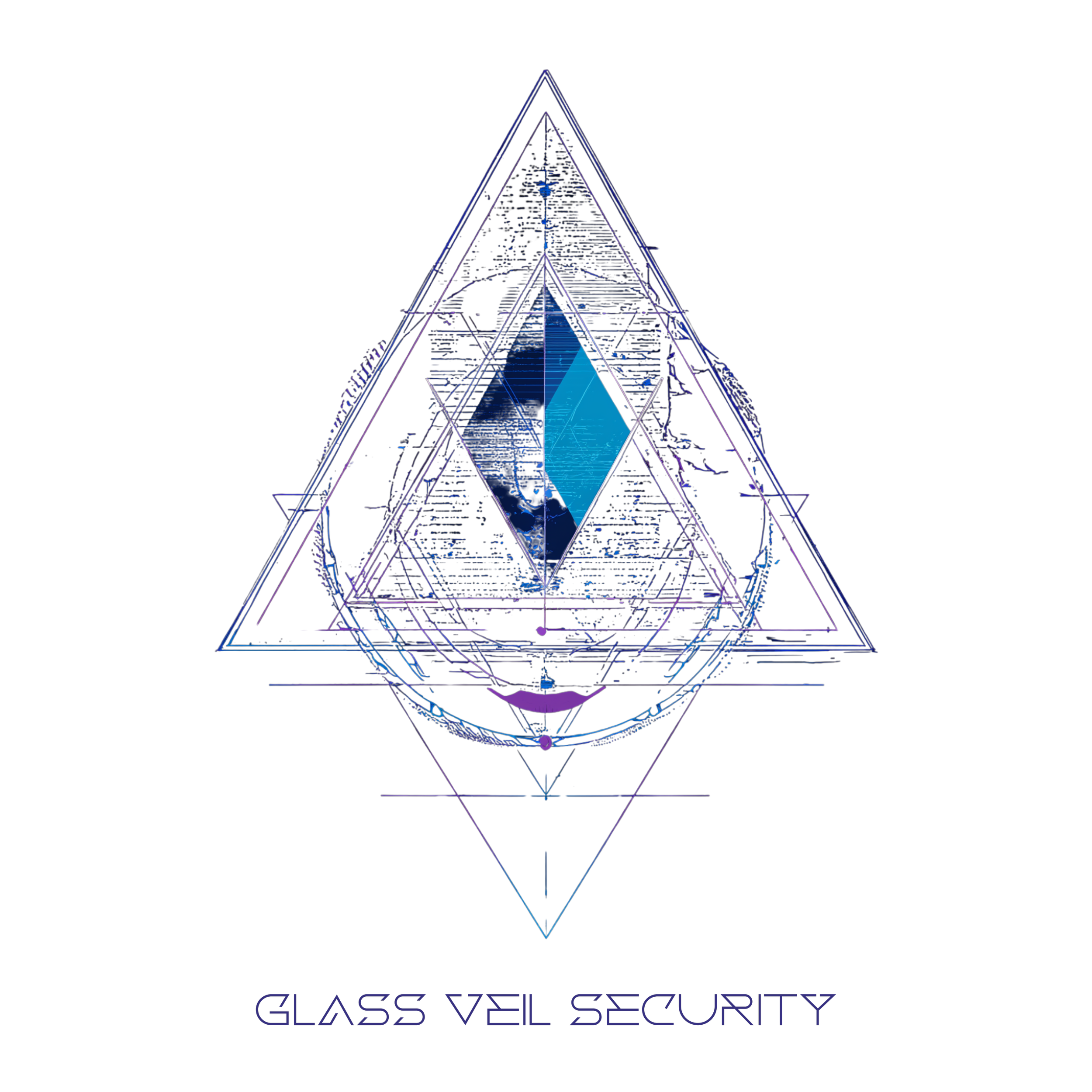 Futuristic digital illustration of a diamond-shaped glass veil with neon blue and red accents, resembling a security emblem, labeled 'Glass Veil Security' at the bottom.