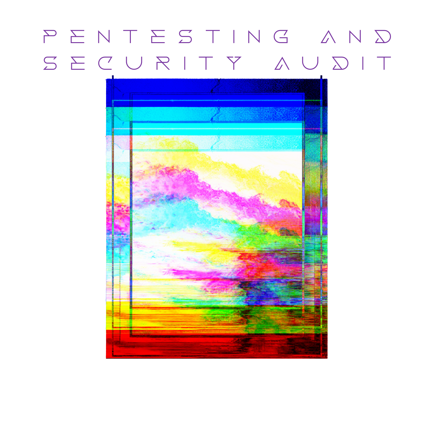 A highly distorted and glitched digital image with rainbow colors, depicting a landscape with mountains, water, and a bright sky, overlaid with overlapping rectangular frames and text.