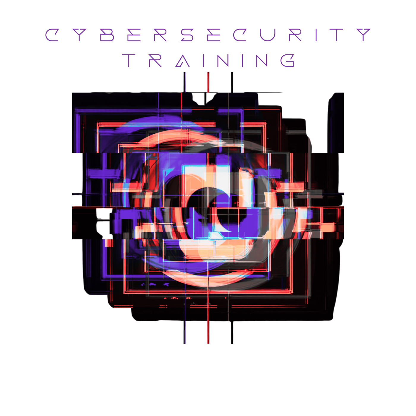 Digital glitch art with abstract shapes and vibrant colors including red, purple, blue, and black