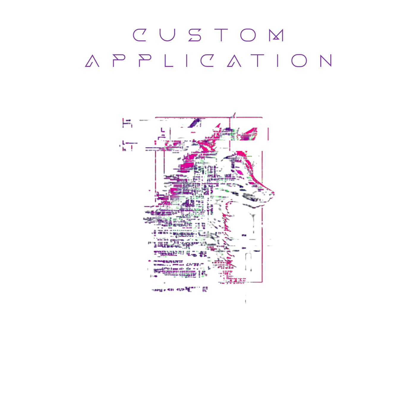 Glitched image with distorted purple, green, and pink elements, possibly of a person or object, with digital artifacts covering the scene.