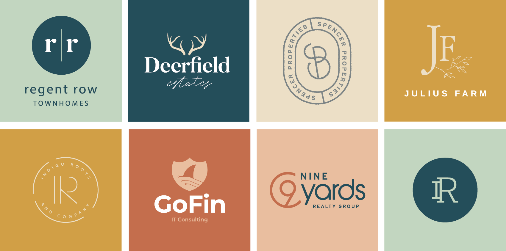 A collage of eight real estate and consulting company logos arranged in a grid.