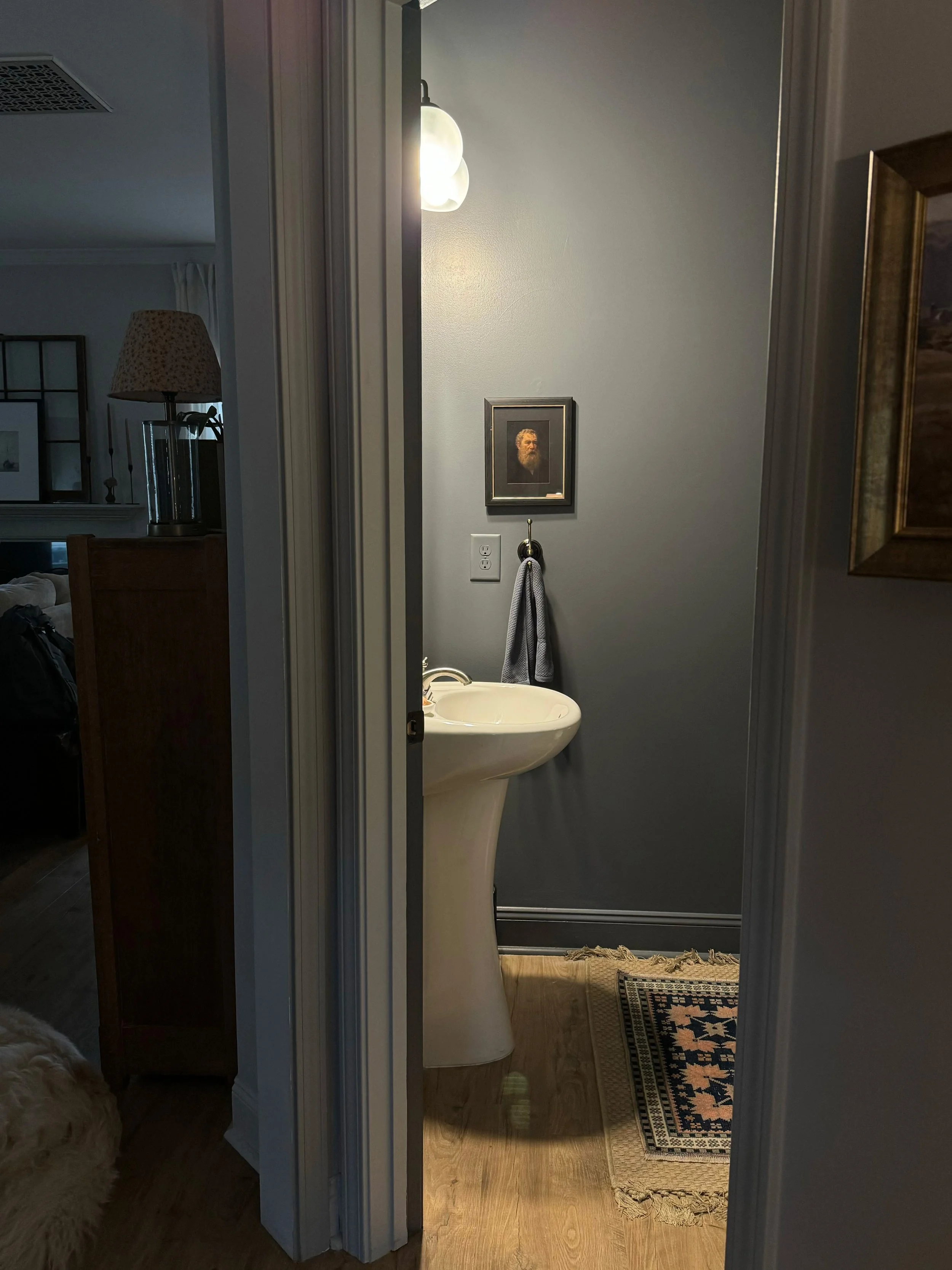 A small bathroom with a pedestal sink, framed art on the wall, a towel hanging on a hook, and a patterned rug on a wooden floor.