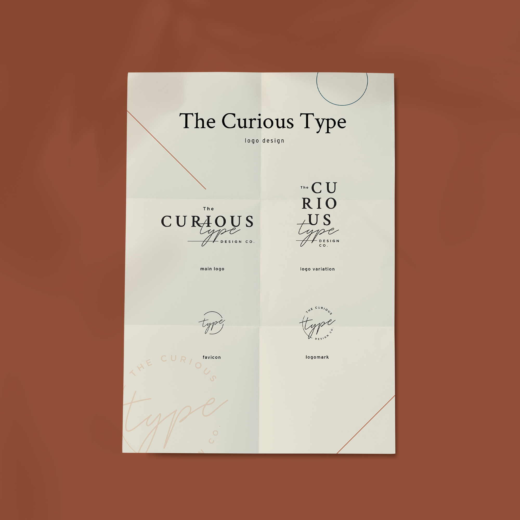 Design poster showcasing different logo styles and variations for 'The Curious Type' brand, including main logo, logo variation, favicon, and logomark, on a brown background.