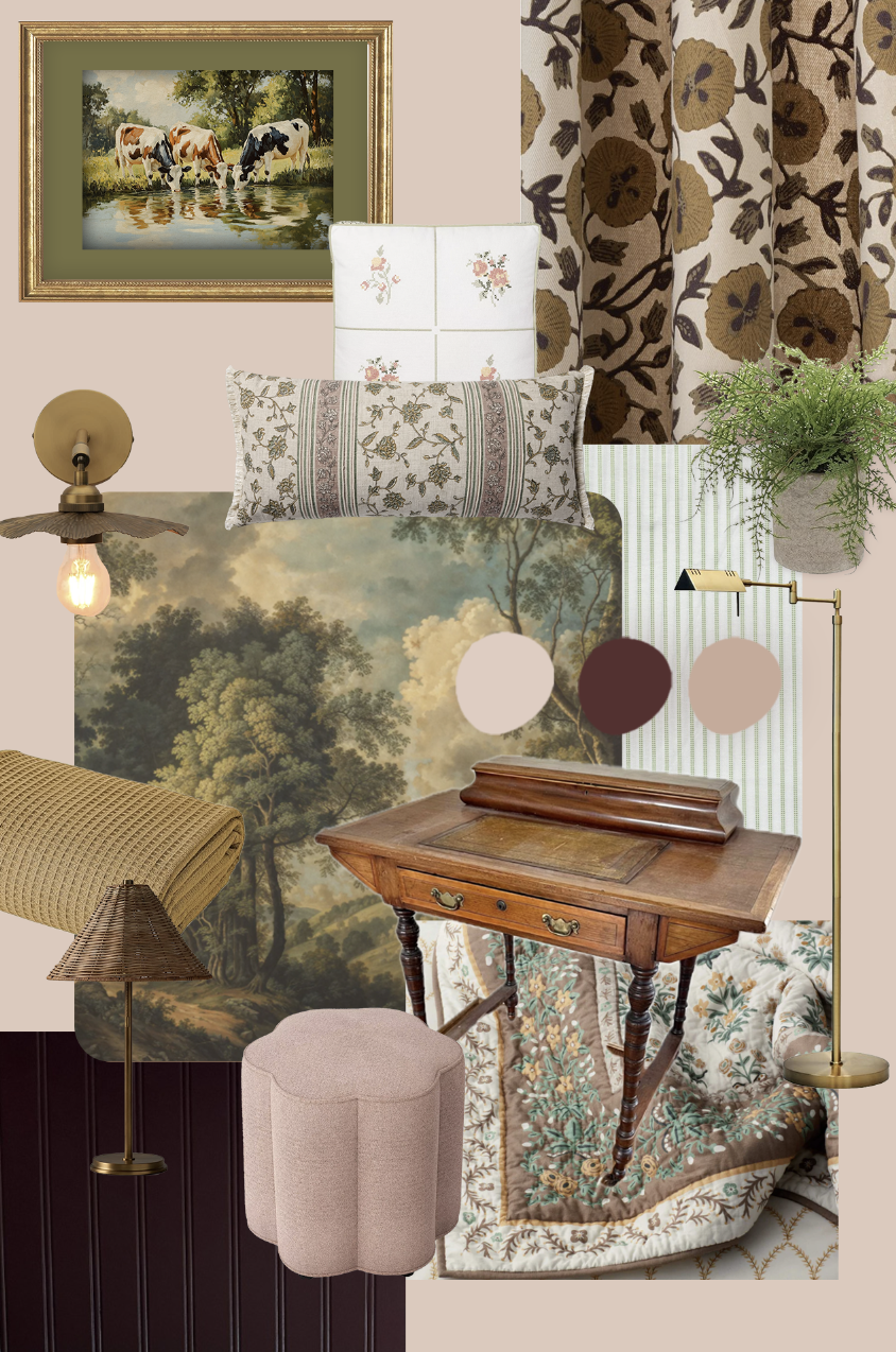 Collage of home decor items including a painting of cows drinking at a pond, floral curtains, a textured pillow, a leafy plant, a table lamp with a bulb, an antique wooden desk, and various fabrics and color palettes.