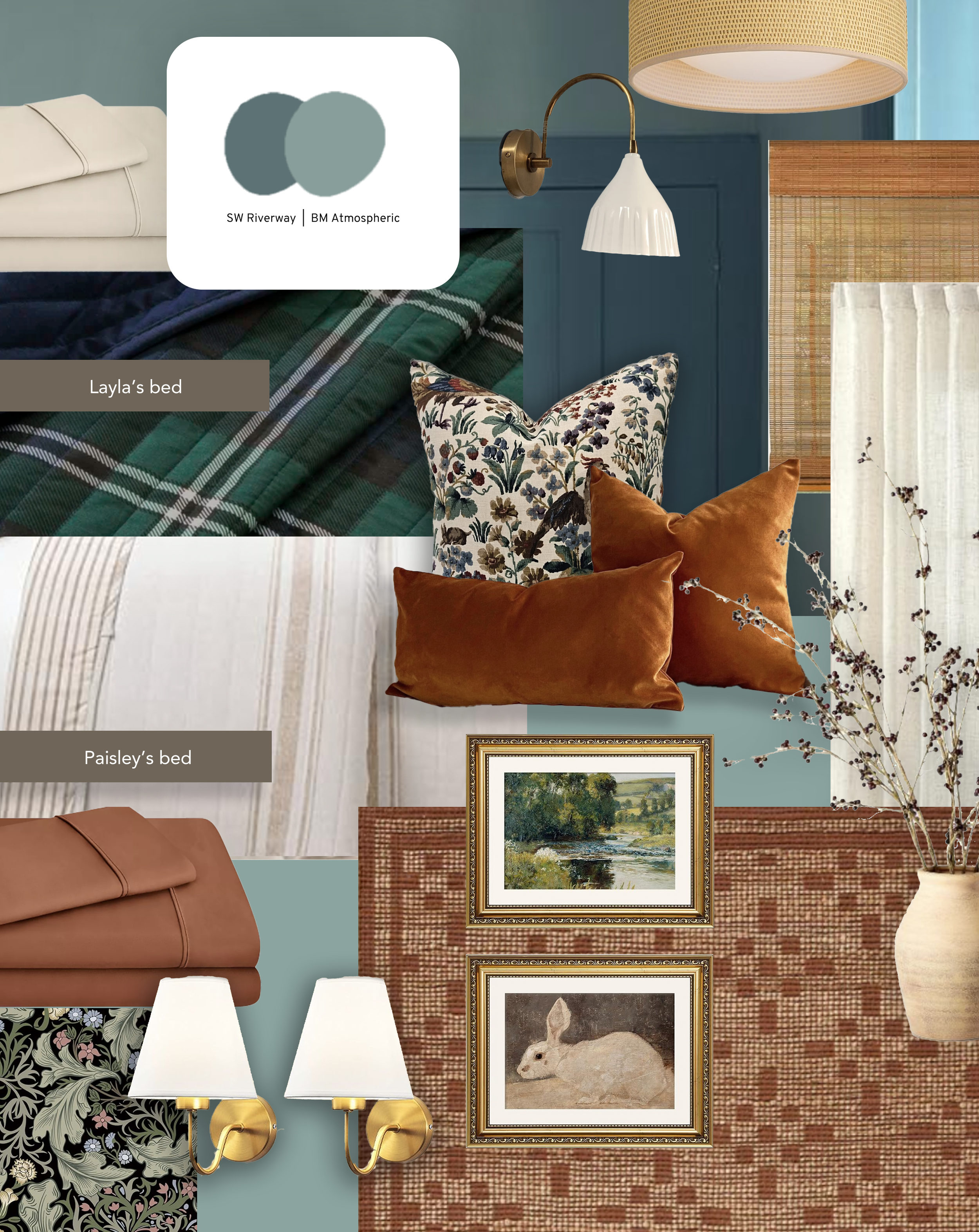Mood board featuring bedroom designs, fabric swatches, and artwork with color palettes of greens, browns, and neutrals, labeled "Layla's bed," "Paisley's bed," and color swatches "SW Riverway" and "BM Atmospheric."