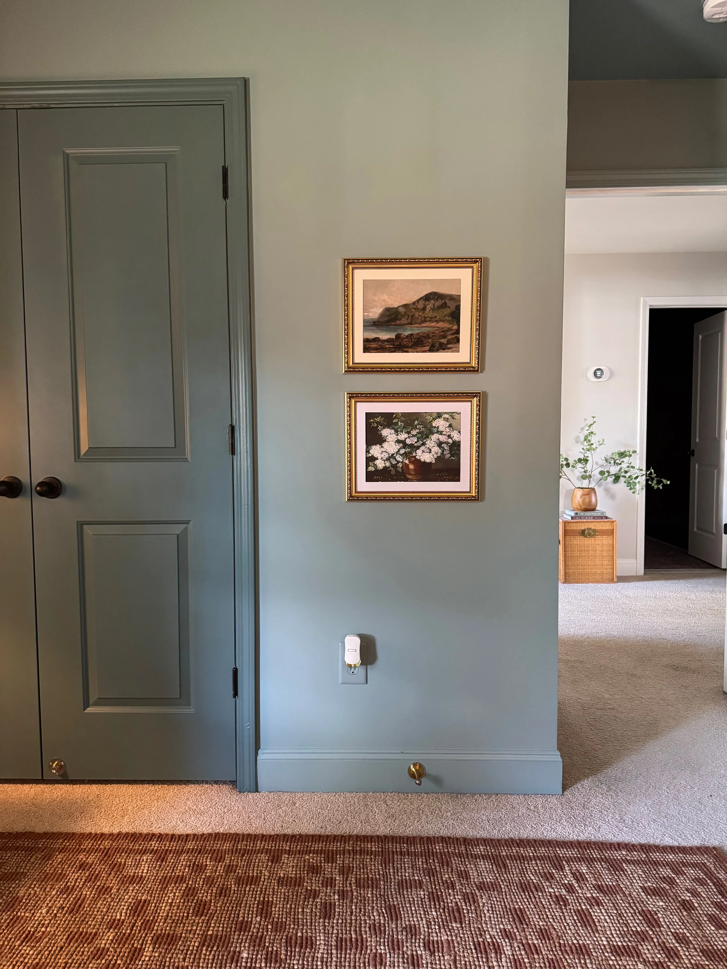 Interior view of a wall with two framed landscape paintings, a thermostat, and an electrical outlet. To the left, a closed gray door. To the right, an open doorway leading into a room with a basket and a plant.