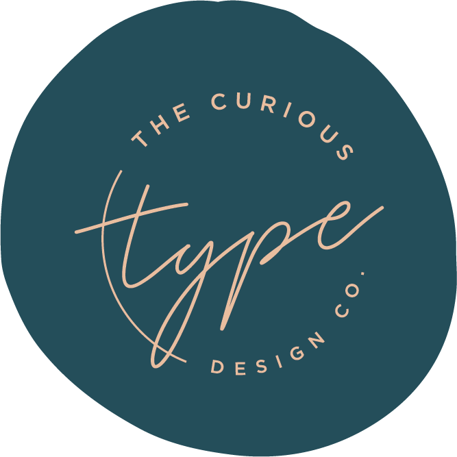 A circular logo with a dark teal background displaying the text "The Curious Type Co. Design" in a circular arrangement, with "Type" written in large, elegant cursive in the center.