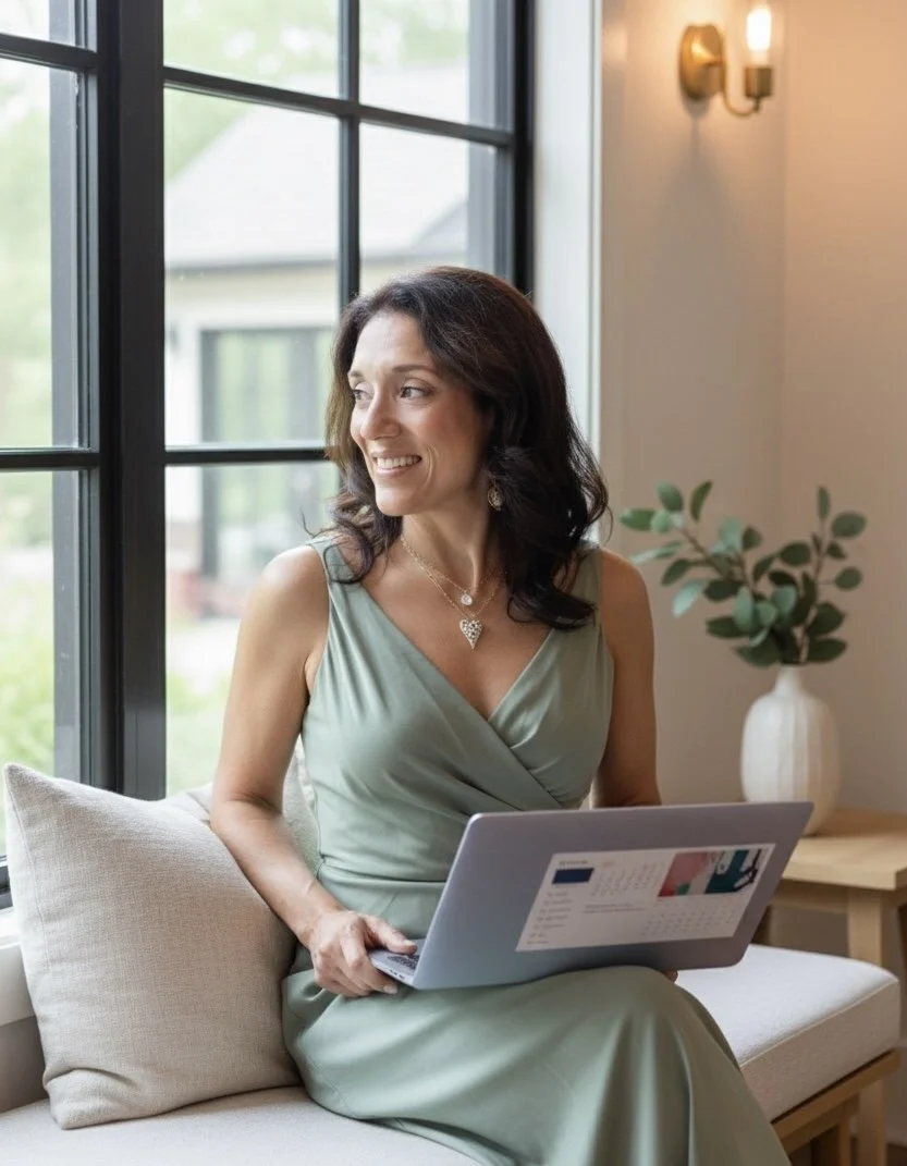 AI-generated creative image by Nicole Fiorella Creative from her headshot — woman working on laptop by window, representing digital design and creative strategy.