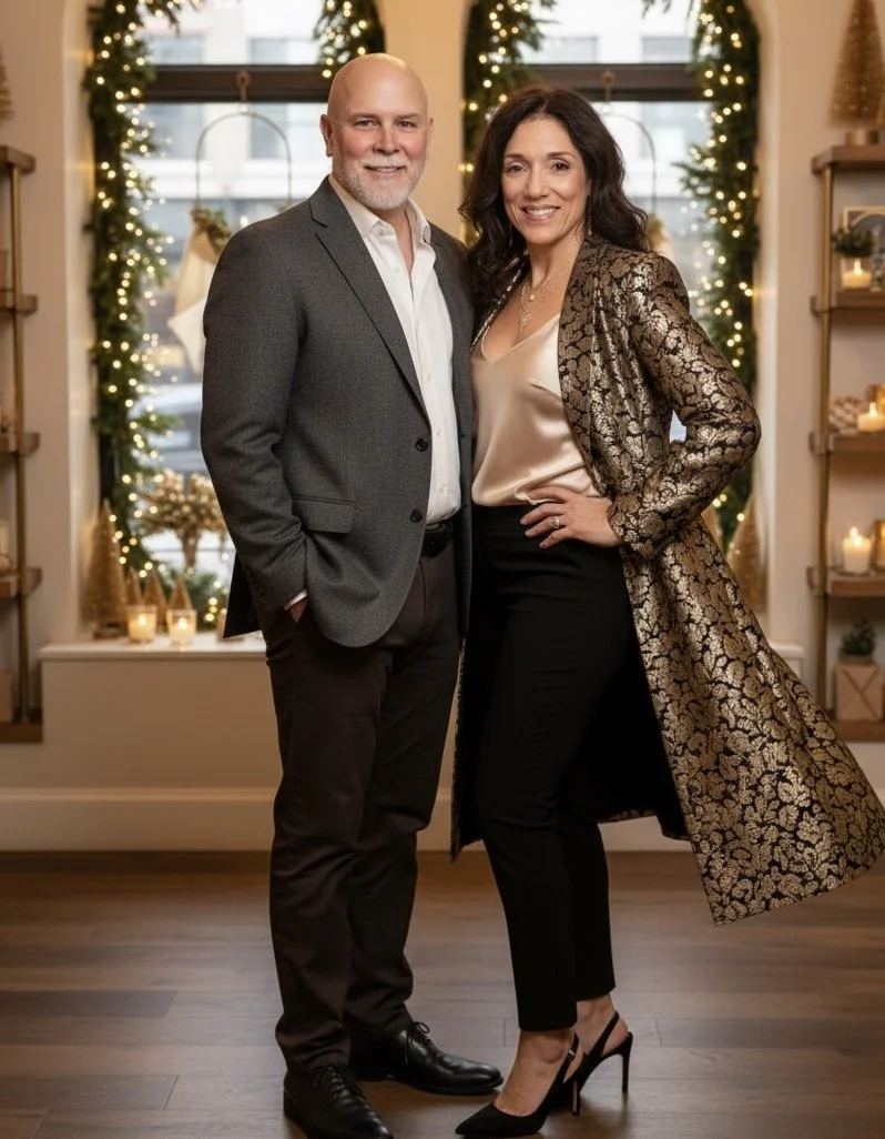 AI-generated portrait by Nicole Fiorella using her headshot — couple in formal attire in festive room, showcasing connection and holiday brand imagery.