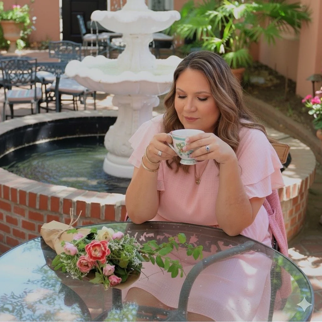 AI-generated lifestyle image by Nicole Fiorella Creative — woman in pink dress enjoying floral tea setting, symbolizing relaxed elegance in creative branding.