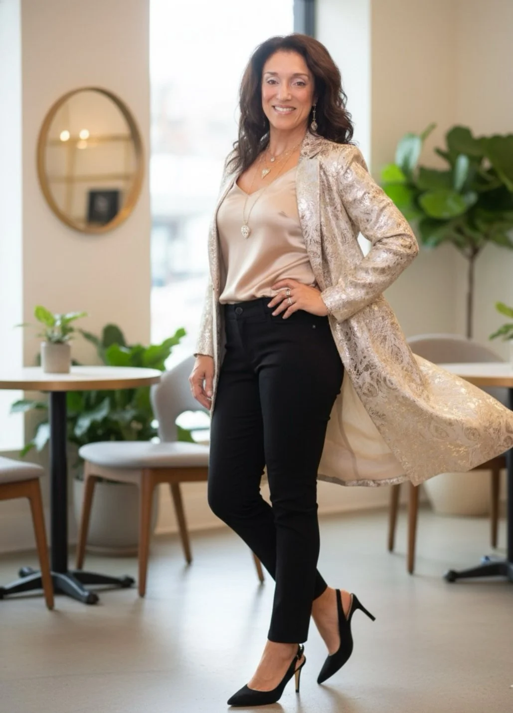 AI-generated branding photo by Nicole Fiorella using her headshot — professional woman in beige satin top and patterned blazer in a bright office space.