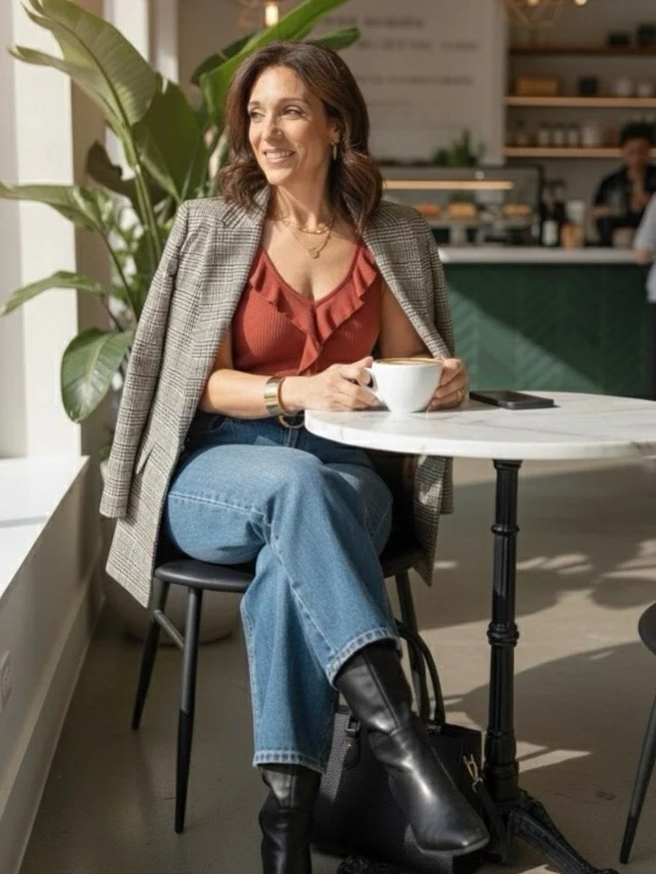AI-generated brand portrait by Nicole Fiorella using her headshot — woman in plaid blazer with coffee, reflecting modern strategy and creativity