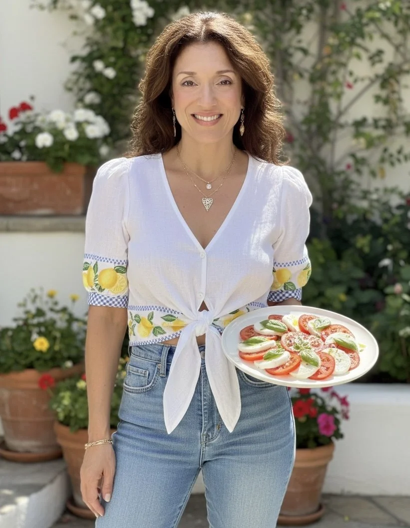AI-generated lifestyle image by Nicole Fiorella Creative using her headshot — woman smiling outdoors with a plate of fresh tomatoes and basil, representing balance, creativity, and brand authenticity