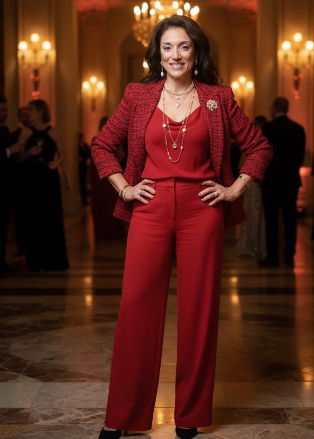 AI-generated brand portrait by Nicole Fiorella using her headshot — woman in red suit with jewelry in elegant ballroom, representing confidence and brand leadership