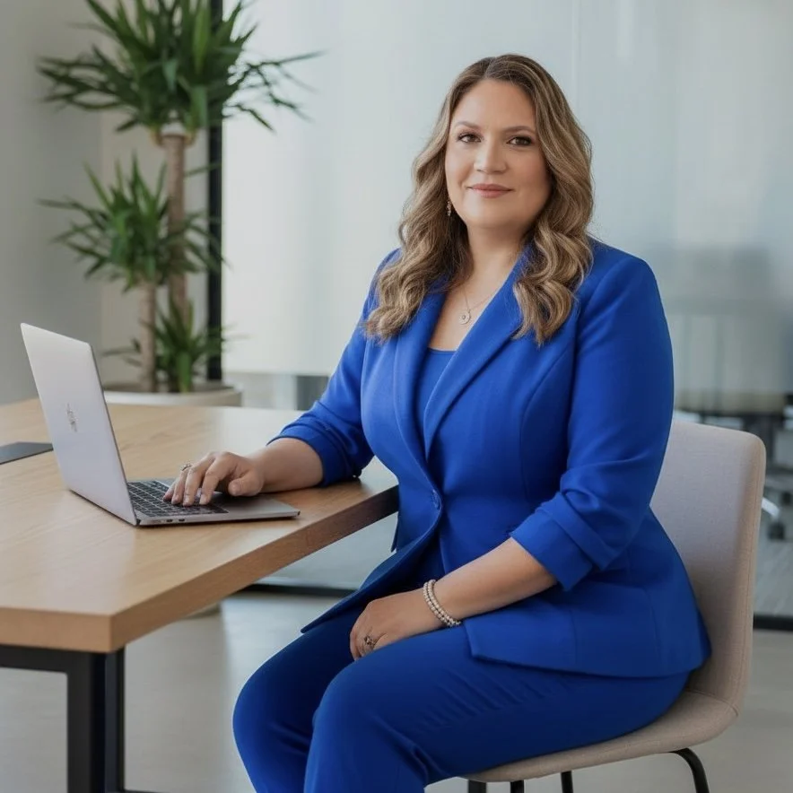 AI-generated professional image by Nicole Fiorella Creative — woman in a tailored blue suit working at a laptop with plants in the background, representing confident leadership and design strategy