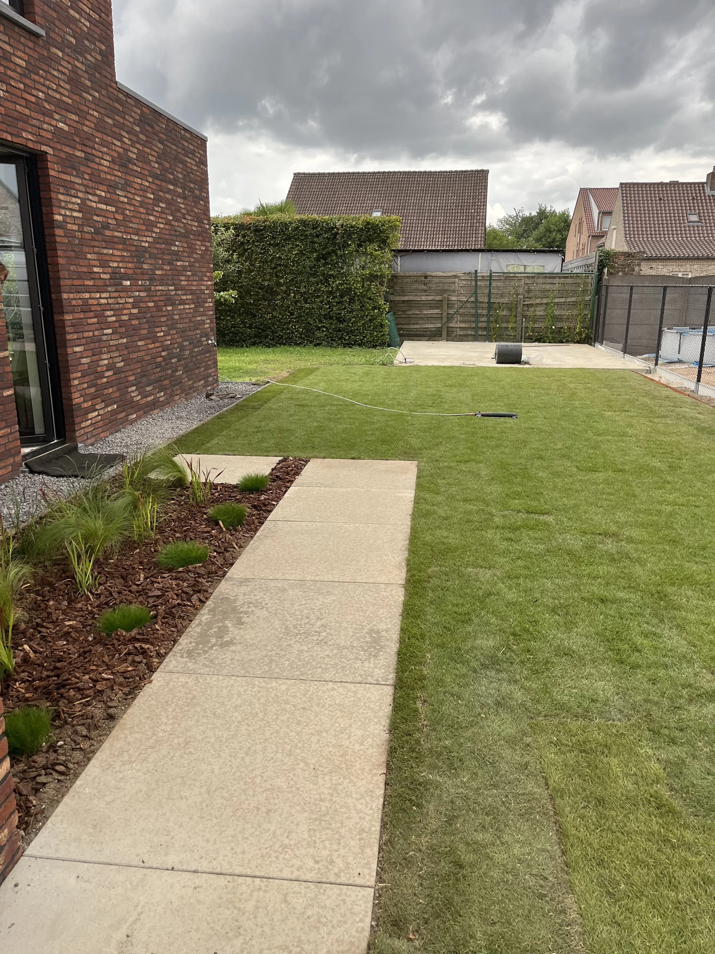 A backyard with a concrete pathway, a manicured lawn, and an area being watered with a garden hose on a cloudy day. There are neighboring houses and a fence in the background.