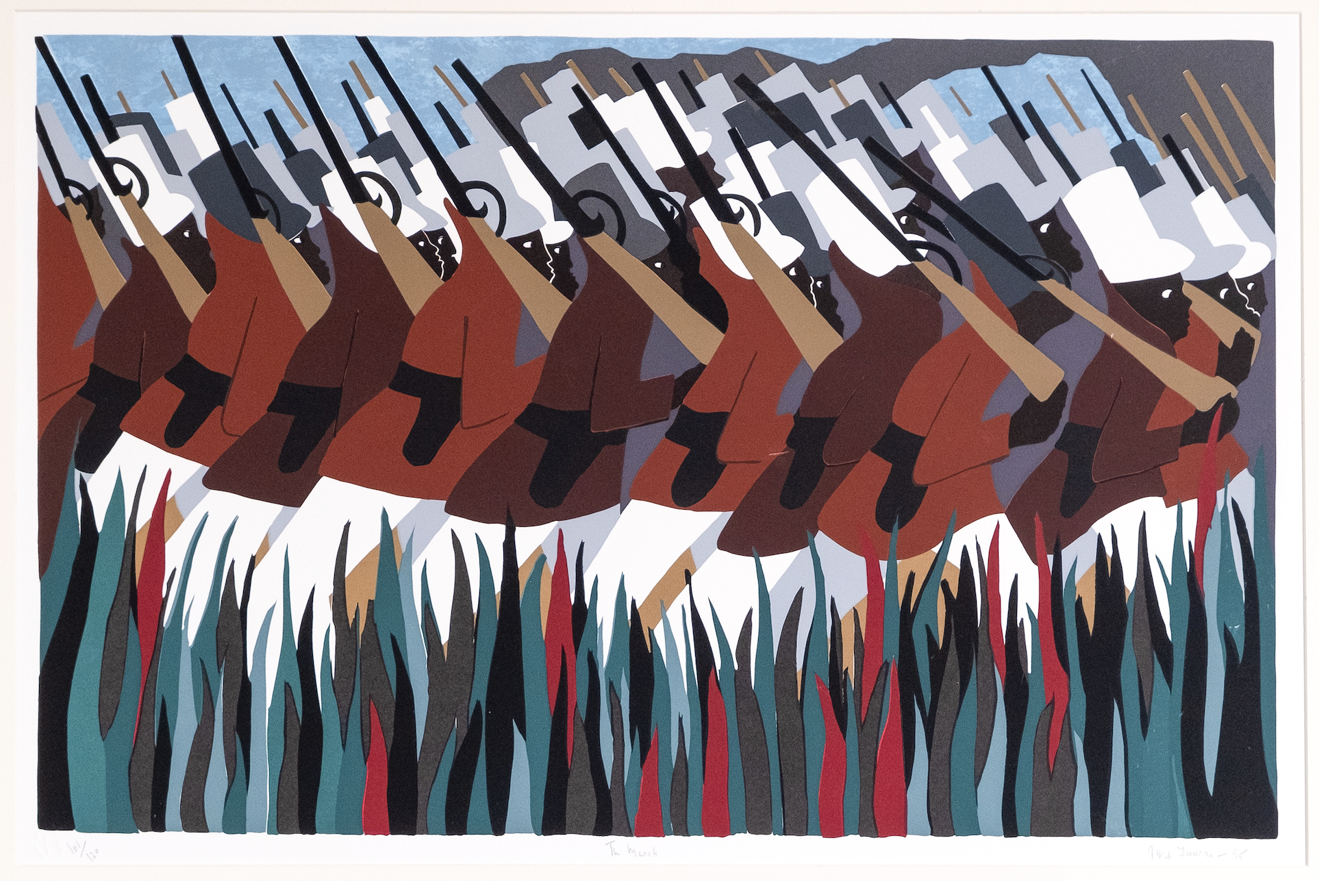 Lawrence, Jacob.
American, (b. 1917 –  d. 2000).
The March, from "The Life of Toussaint L'Ouverture",
1995.
Silkscreen on Bainbridge two ply rag paper through hand-cut film stencils.
18 x 28  in.