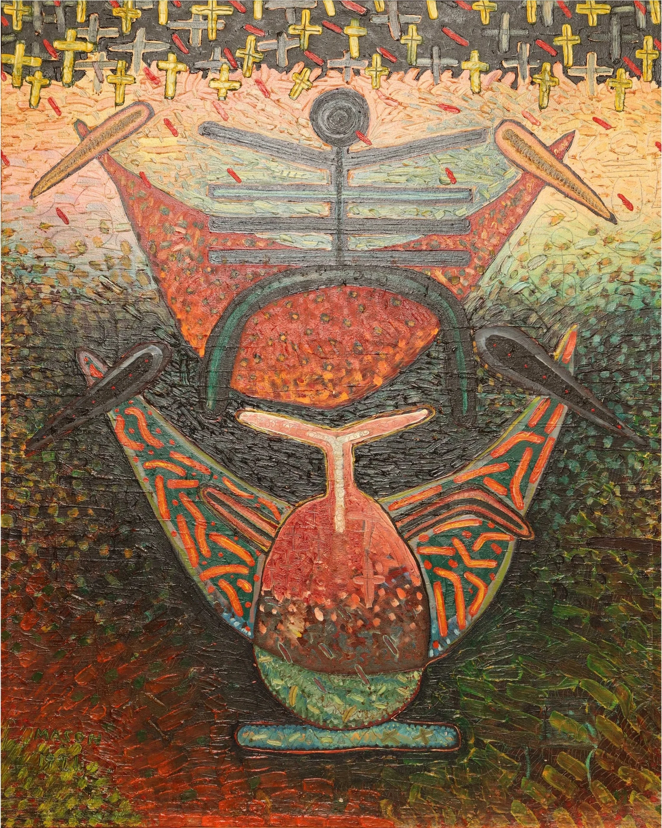 Mason, Stephen Von.
African- American ( b. 1954).
Dark Signs,
1991.
Oil on canvas.
54 " x 43".