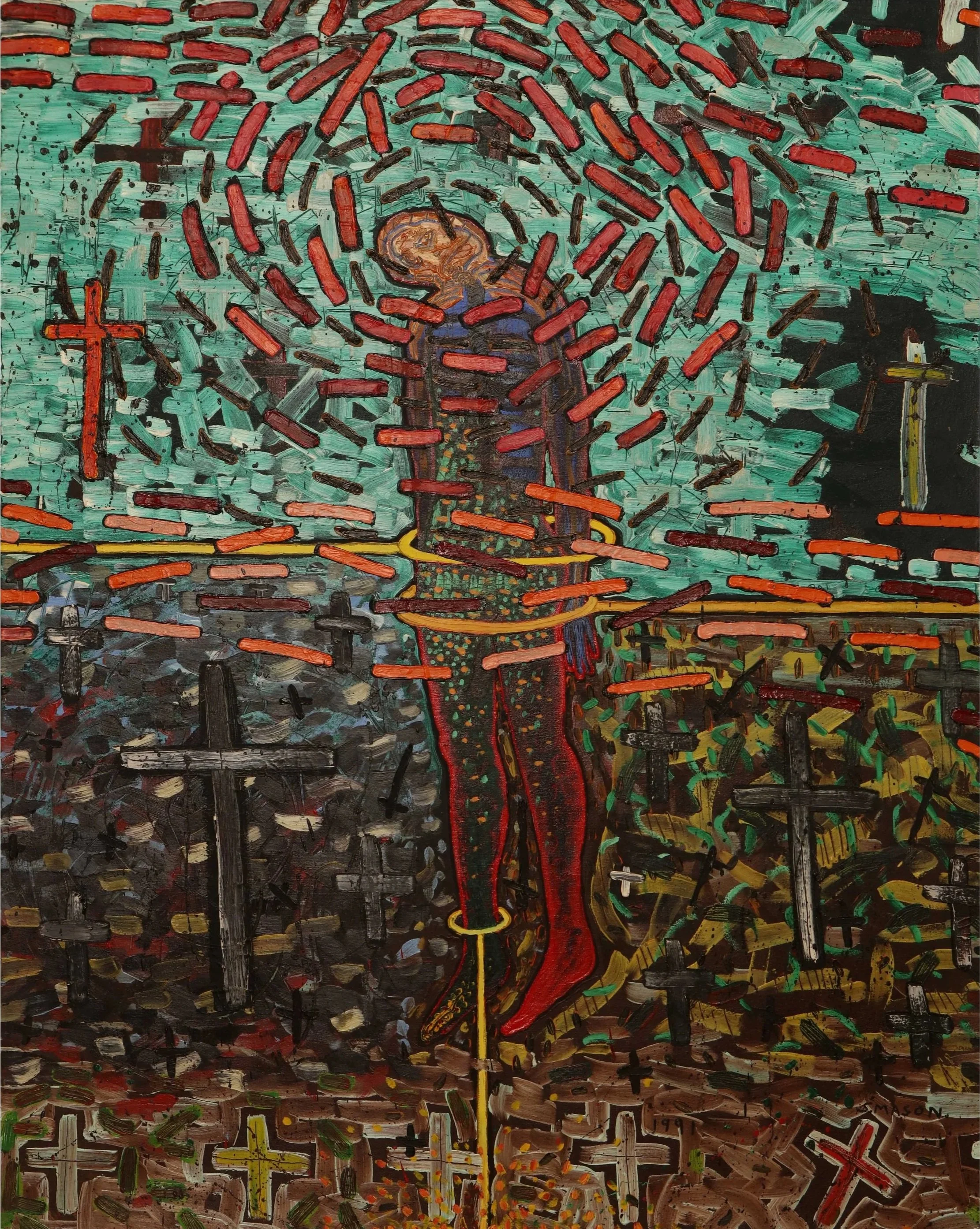 Mason, Stephen Von.
African- American ( b. 1954).
Bound For Glory,
1991.
Oil on canvas.
54 " x 43".