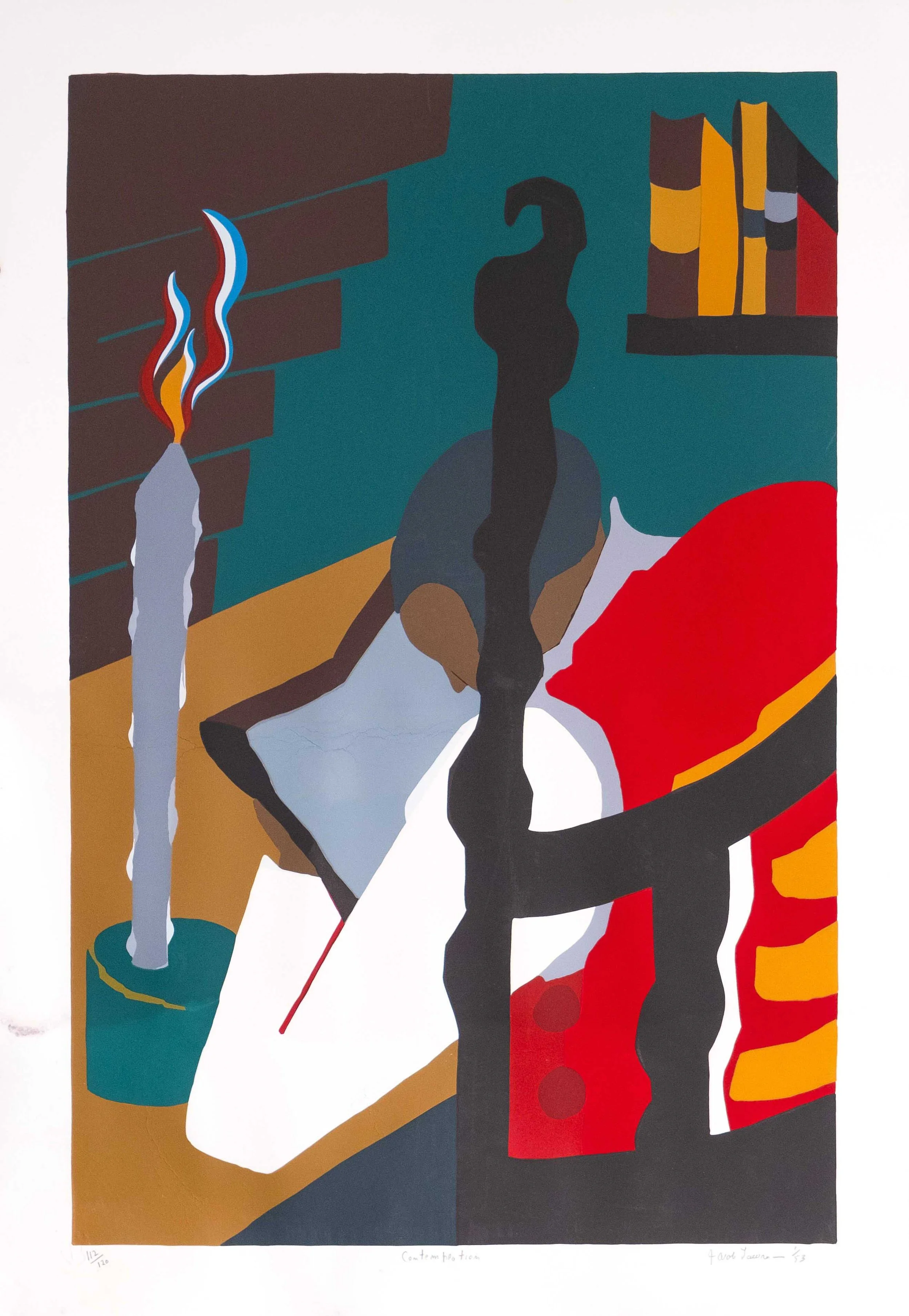 Lawrence, Jacob.
American, (b. 1917 –  d. 2000 ).
Contemplation, from "The Life of Toussaint L'Ouverture",
1993.
Silkscreen on Bainbridge two ply rag paper through hand-cut film stencils.
28 3/8 x 18 1/2 in.