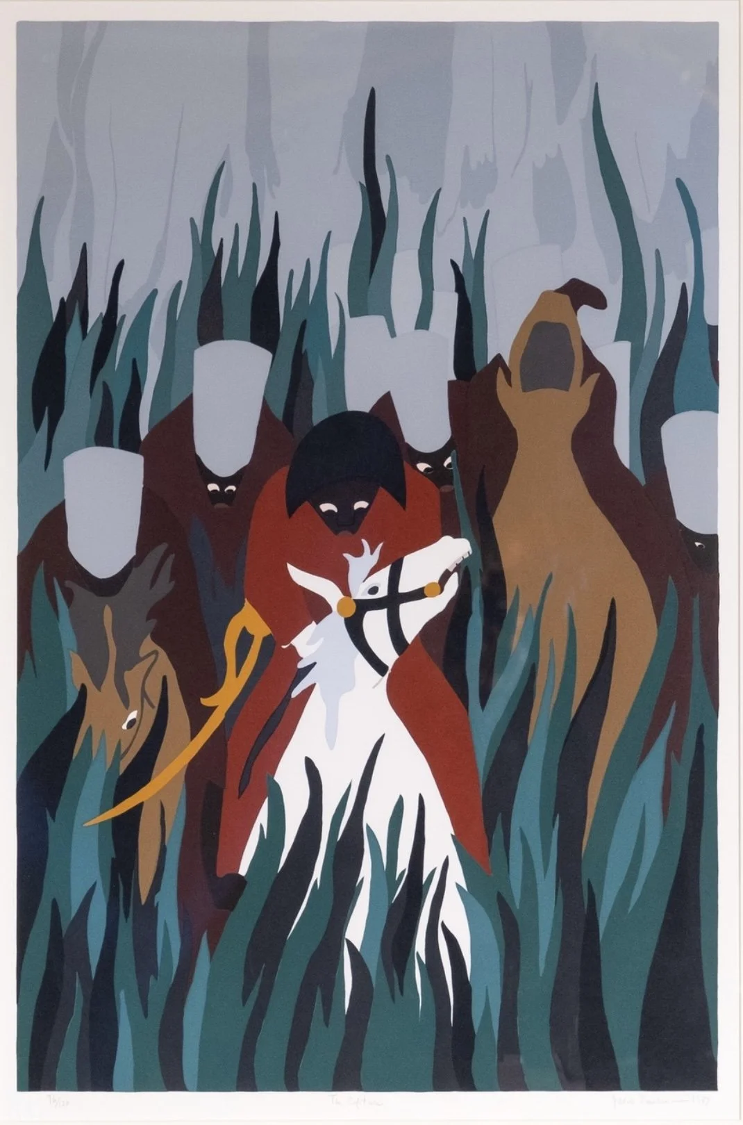 Lawrence, Jacob.
American, (b. 1917 –  d. 2000).
The Capture, from "The Life of Toussaint L'Ouverture",
1987.
Silkscreen on Bainbridge two ply rag paper through hand-cut film stencils.
18 1/2 x 18 1/2 in. 