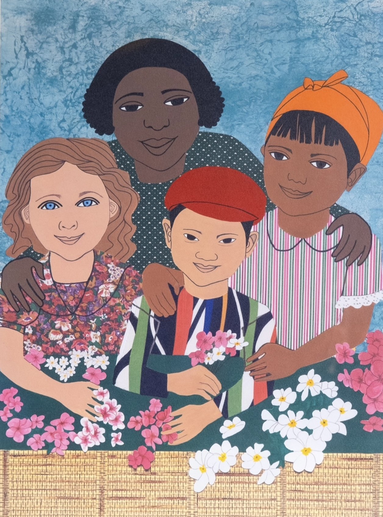 Catlett, Elizabeth.
American-Mexican (1915-2012).
Children with Flowers,
1995.
Color Lithograph  (Edition 22/150).
32 3/4 x 23 1/2 in.