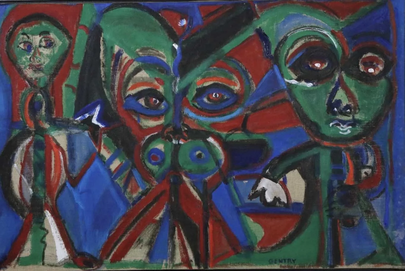 Gentry, Herbert.
American ( 1919- 2003).
We are here,
1987-89.
Oil on Canvas.
25" x 38".