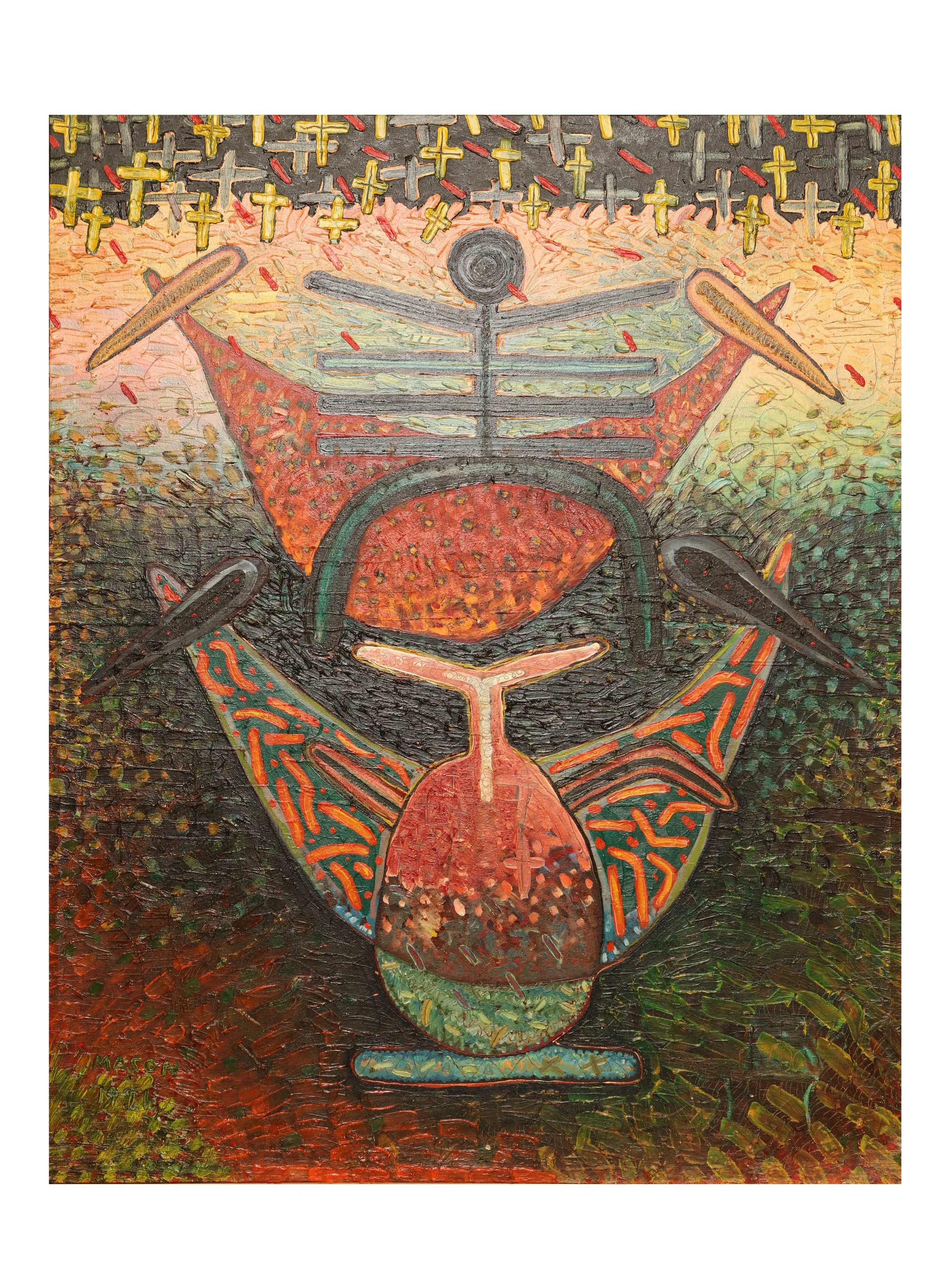 Mason, Stephen Von.
African- American ( b. 1954).
Dark Signs,
1991.
Oil on canvas.
54 " x 43".