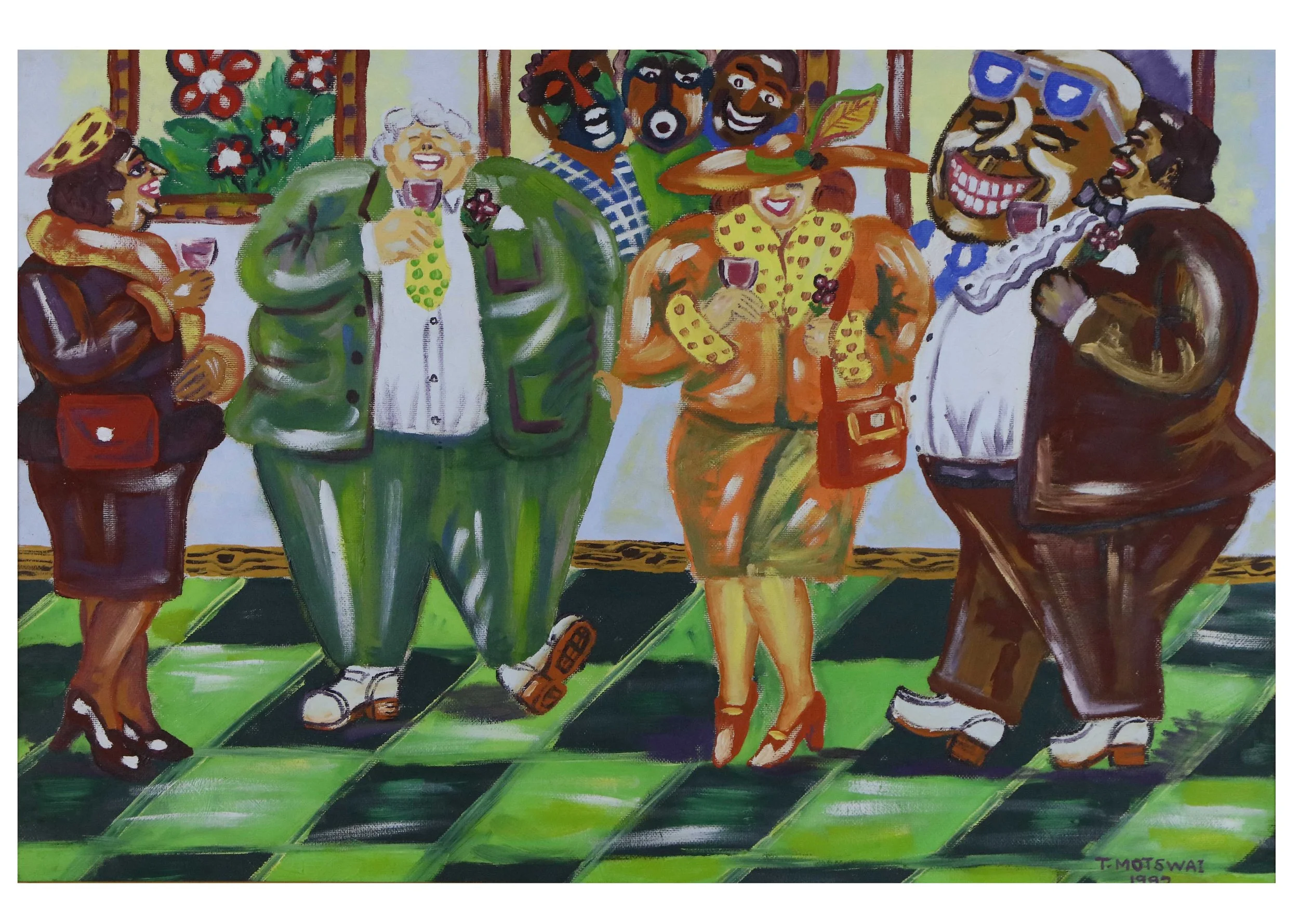 Motswai, Tommy. 
South African, b. 1963.
Part-1 Exclusive,
1992.
Oil on Board.
22" x 33".