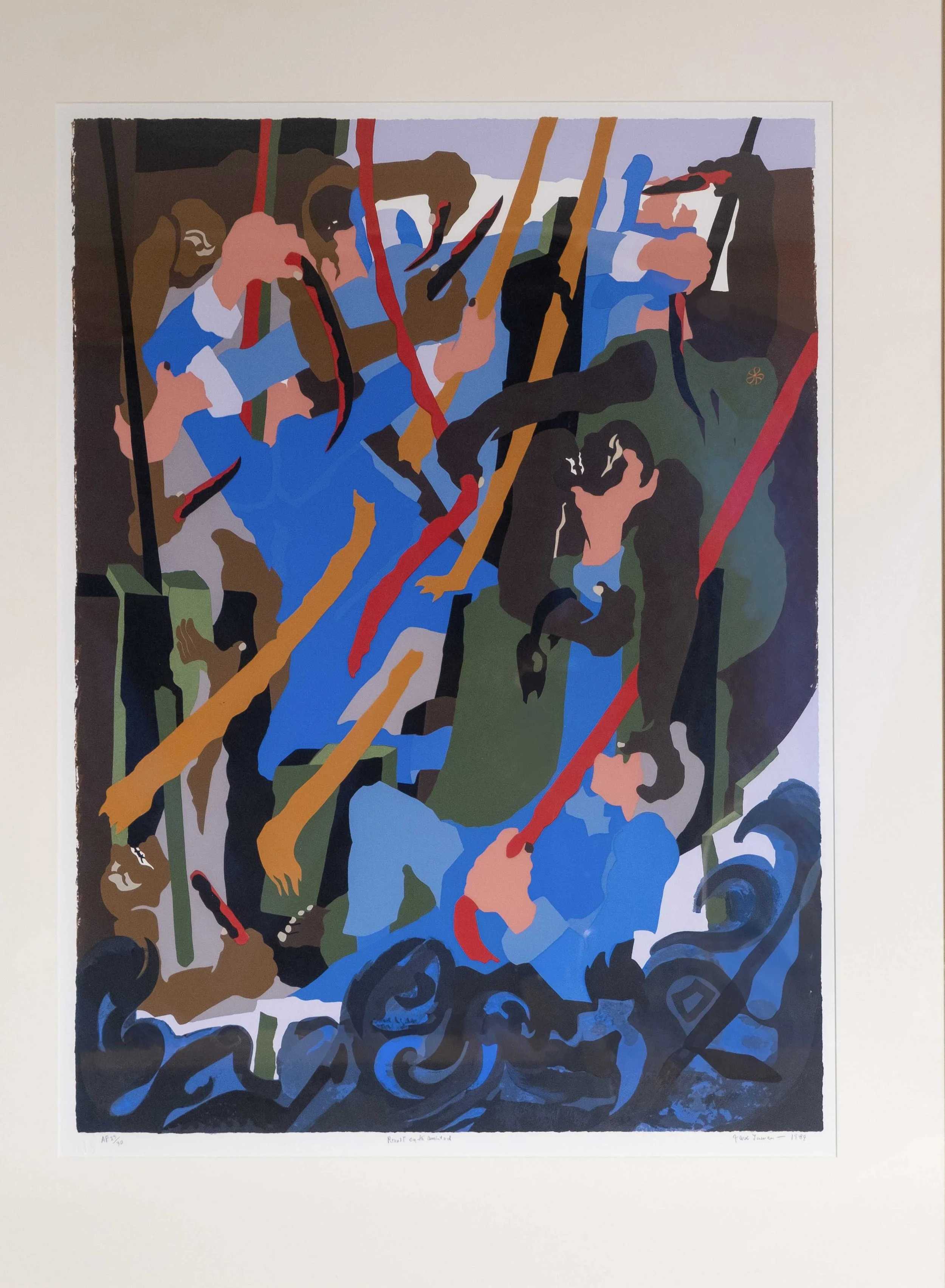 Lawrence, Jacob.
American, (b. 1917 –  d. 2000 ).
"Revolt on the Amistad",
1989.
Silkscreen on Bainbridge two ply rag paper through hand-cut film stencils.
35 x 25  3/8 in.