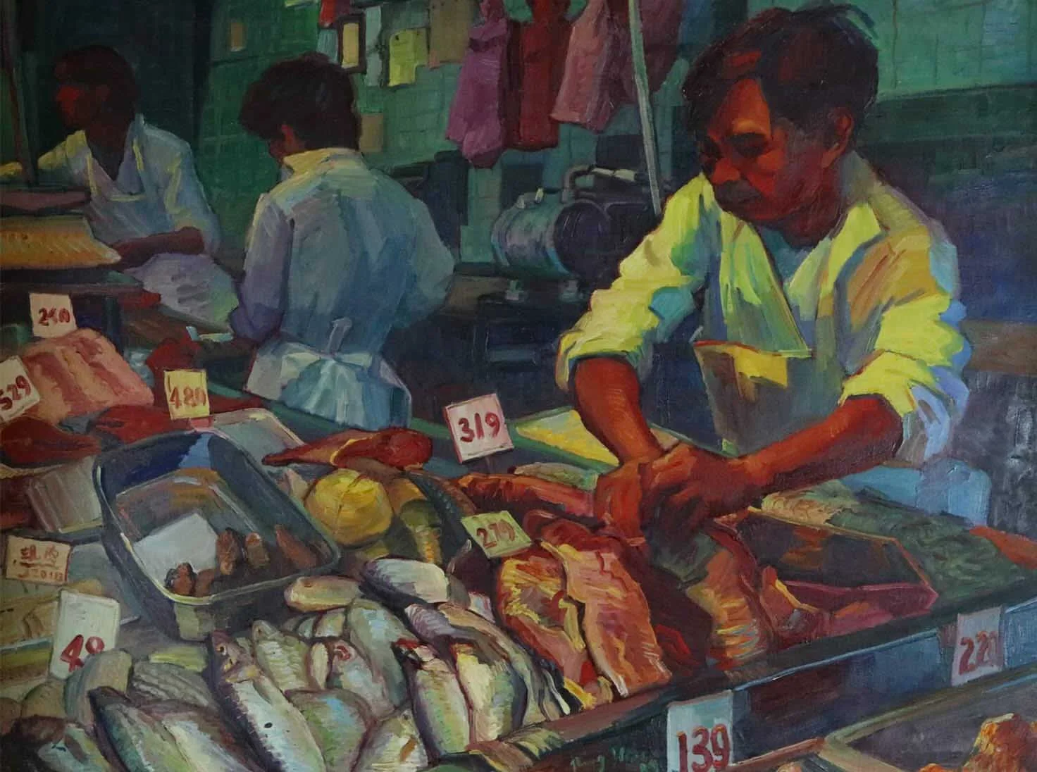 Han, Ning.
Taiwanese American  (b. 1939).
THE FISH MARKET,
1989.
Oil on canvas.
36" x 48".