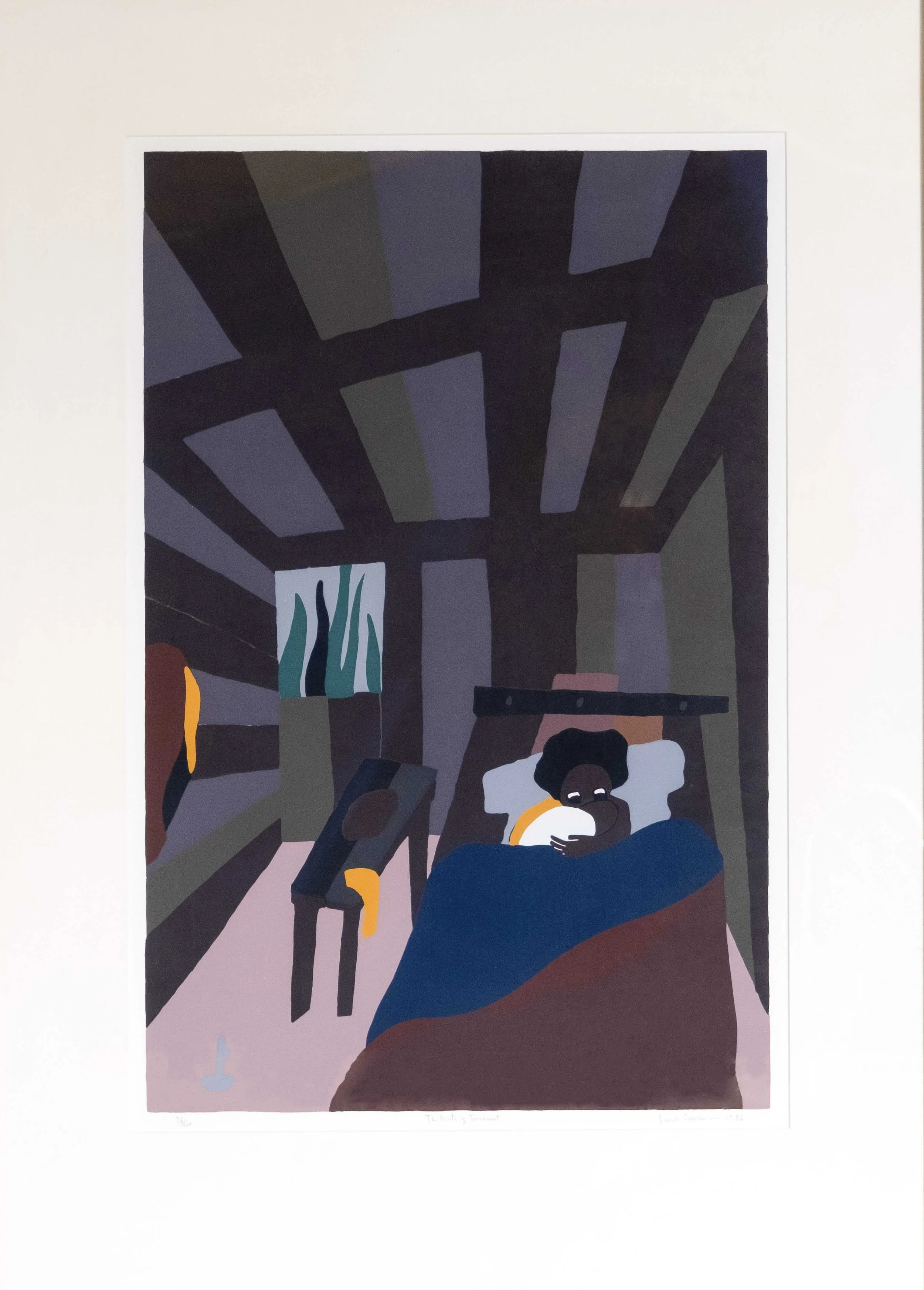 Lawrence, Jacob.
American, (b. 1917 –  d. 2000 ).
The Birth of Toussaint L'Ouverture, from "The Life of Toussaint L'Ouverture",
1986-1997.
Silkscreen on Bainbridge two ply rag paper through hand-cut film stencils.
28 1/2 x 18 1/2 in.