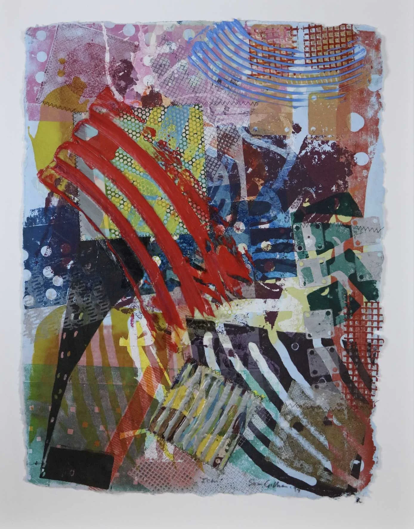 Gilliam, Sam.
American ( 1933- 2022).
Ichi,
1994.
Mixed Media Collage and Monoprint.
33" x 25 1/2".