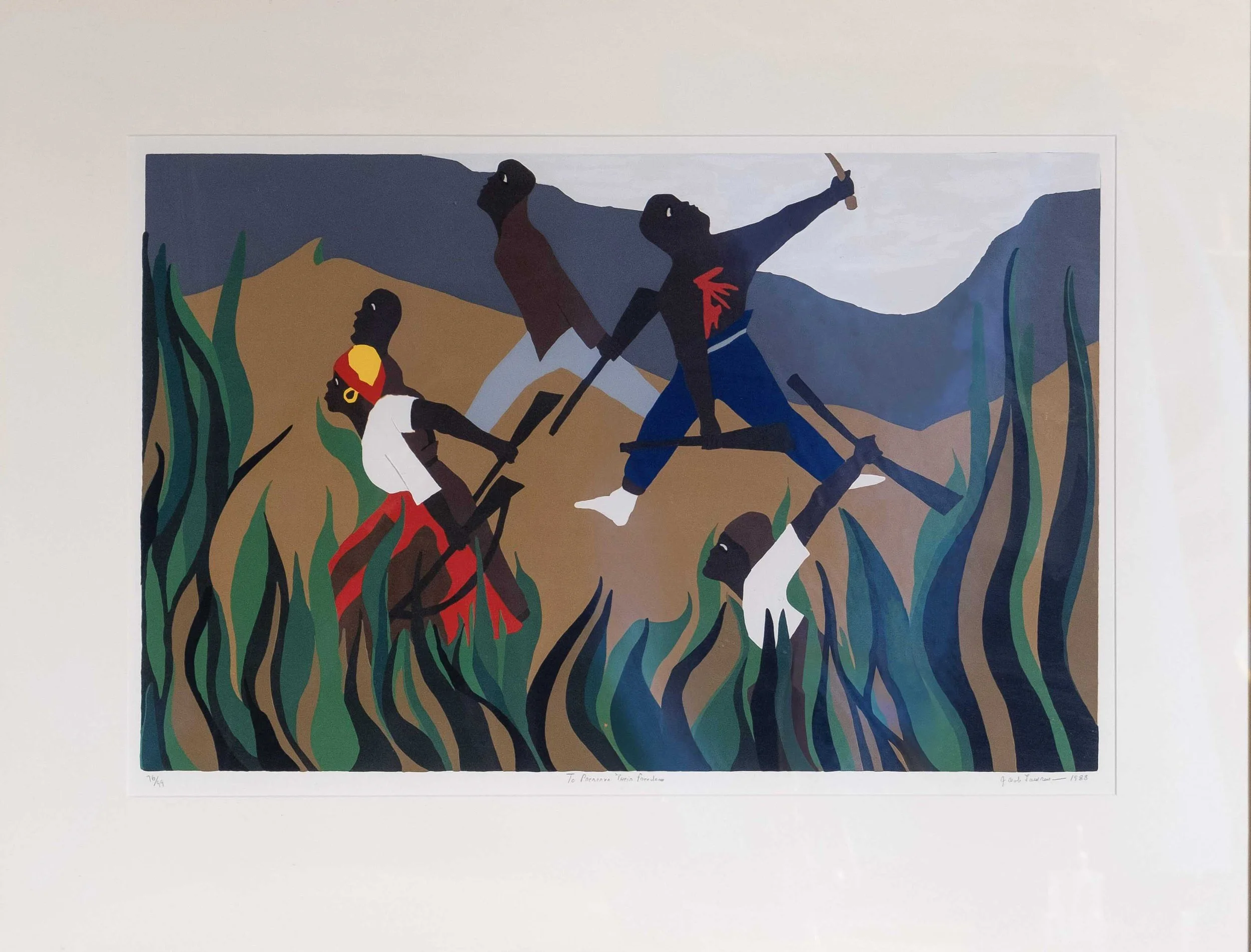 Lawrence, Jacob.
American, (b. 1917 –  d. 2000 ).
To Preserve Their Freedom,
1988.
Silkscreen on Bainbridge two ply rag paper through hand-cut film stencils.
18 1/2 x 28  3/4 in.