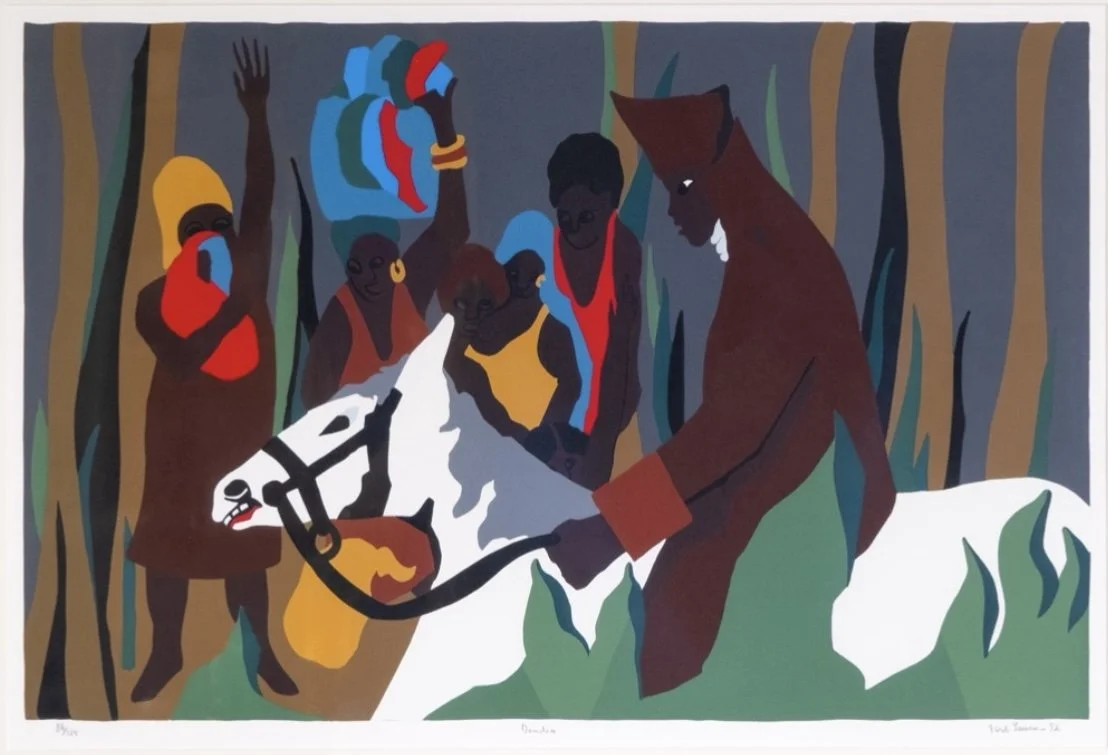 Lawrence, Jacob.
American, (b. 1917 –  d. 2000). 
Dondon, from "The Life of Toussaint L'Ouverture",
1992.
Silkscreen on Bainbridge two ply rag paper through hand-cut film stencils.
18 3/8 x 28 1/4 in.