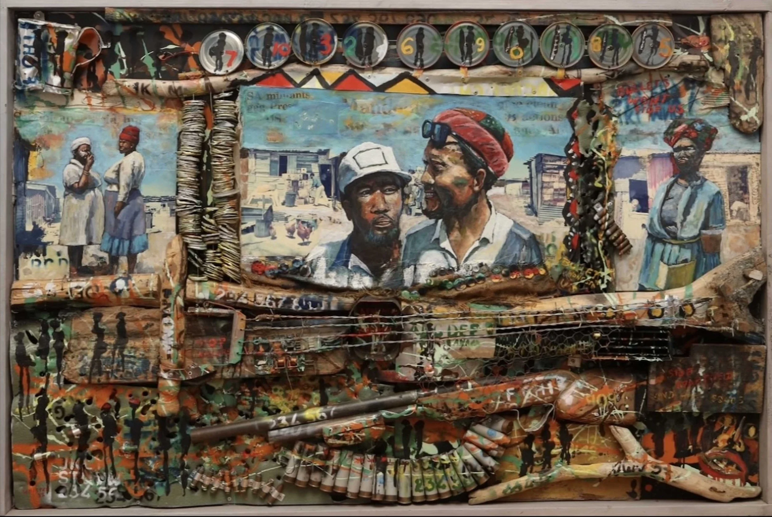 Bester, Willie.
Montagu, South Africa (b. 1956).
TOWNSHIP LIFE,
1993.
Mixed media on steel/board.
33 1/2 " x  49 3/4".