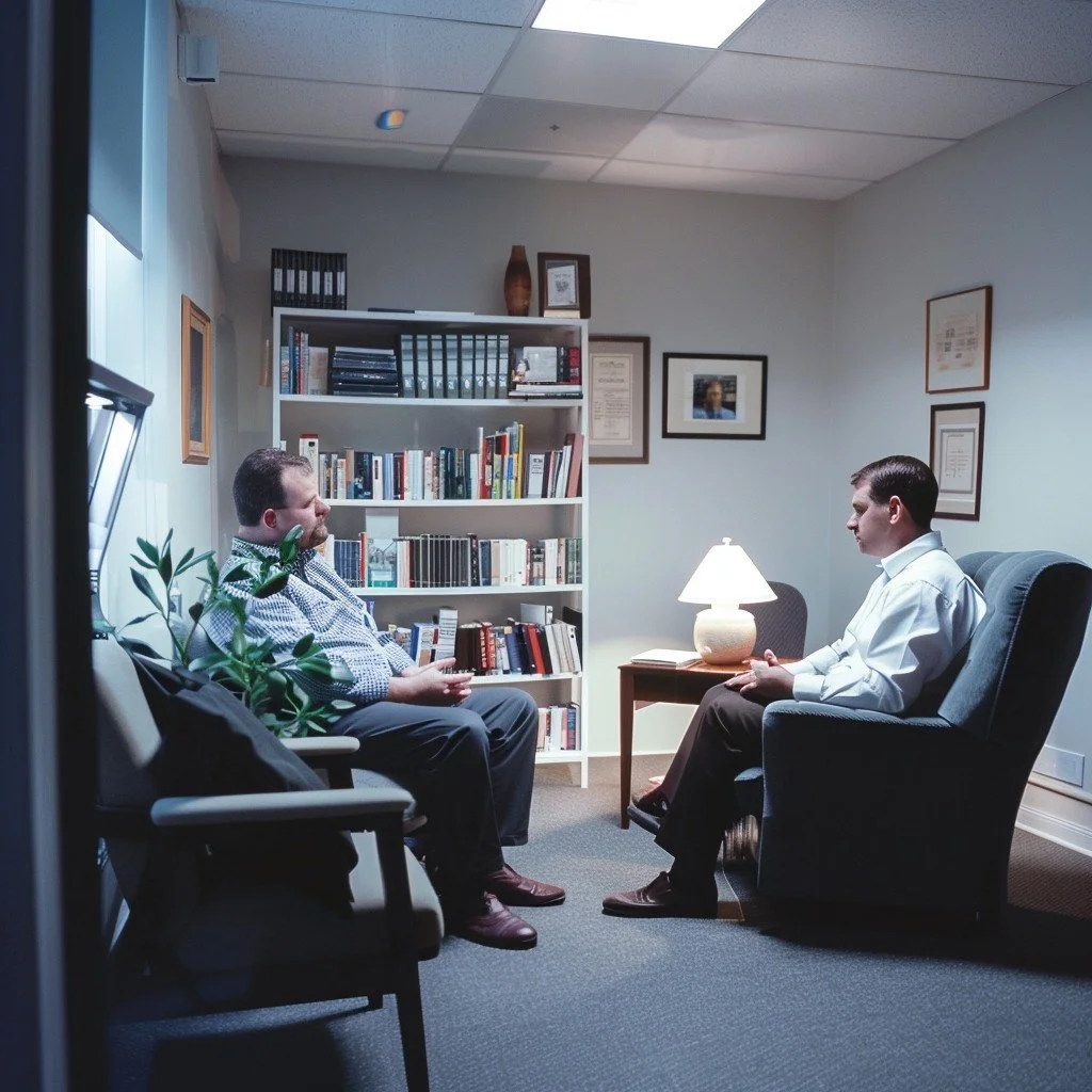 Two men having a conversation in an office, seated in front of a bookshelf with framed certificates on the wall.