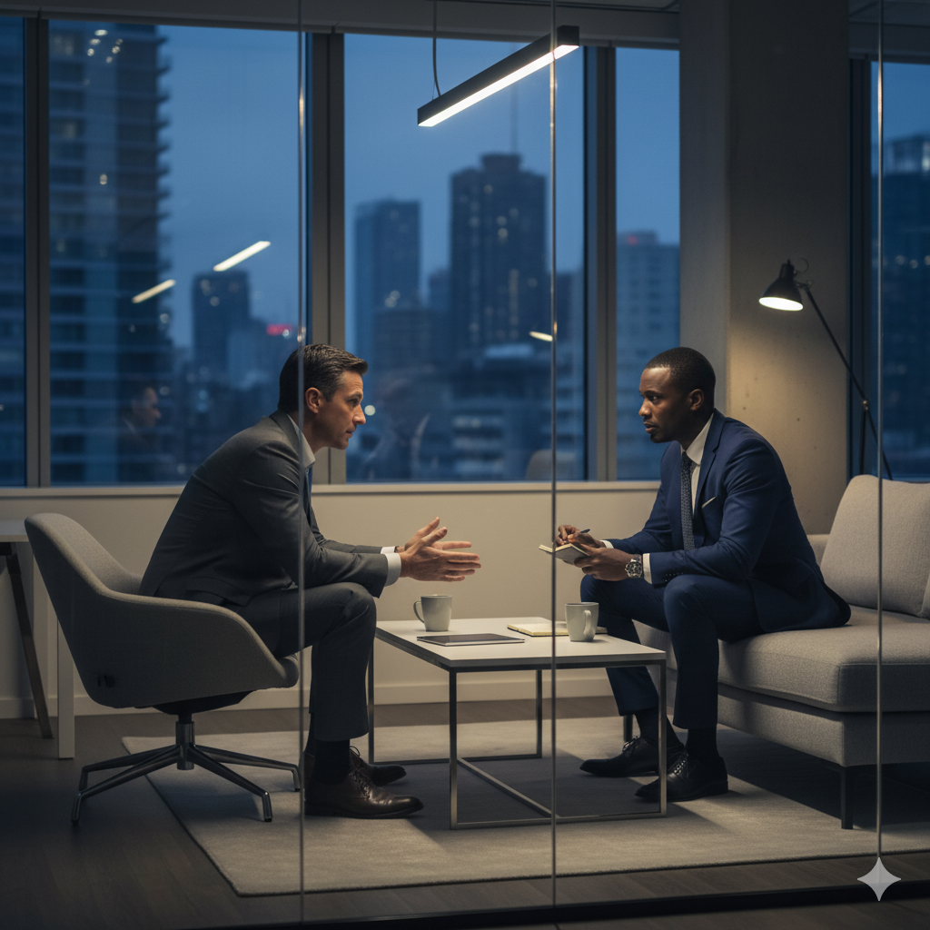 Two men in suits having a business discussion in an office at night, with city skyscrapers visible through large windows.