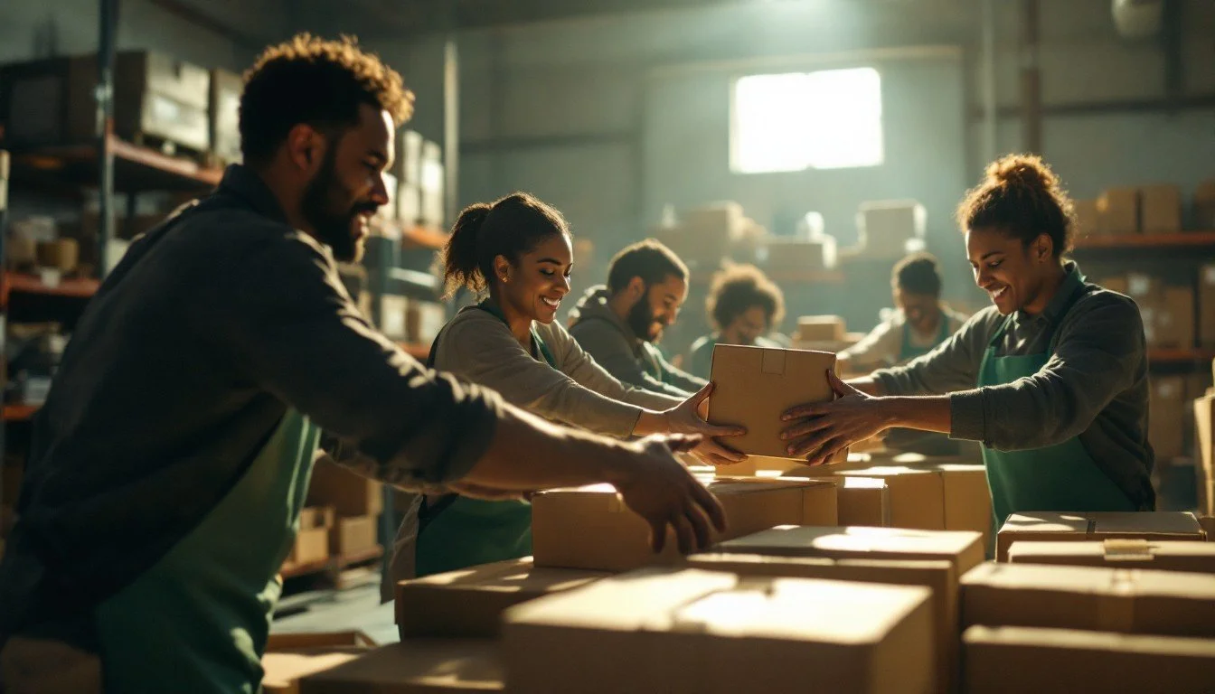 People working together packing boxes in a warehouse.