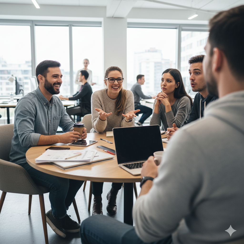 Group of five diverse young adults having a discussion at a round table in an office with large windows and cityscape views, some with laptops and coffee cups.