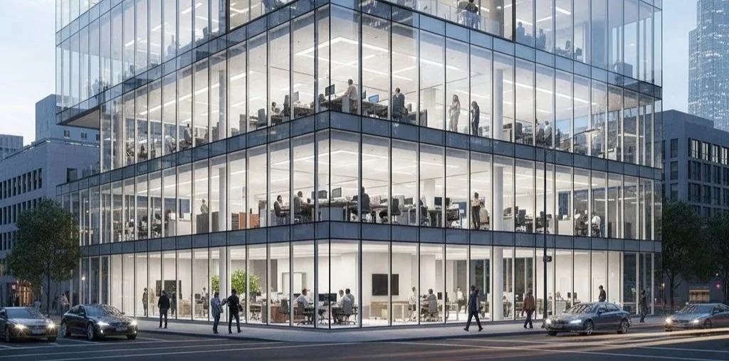 Modern glass office building with multiple floors, interior lights on, people working inside, and cars parked outside