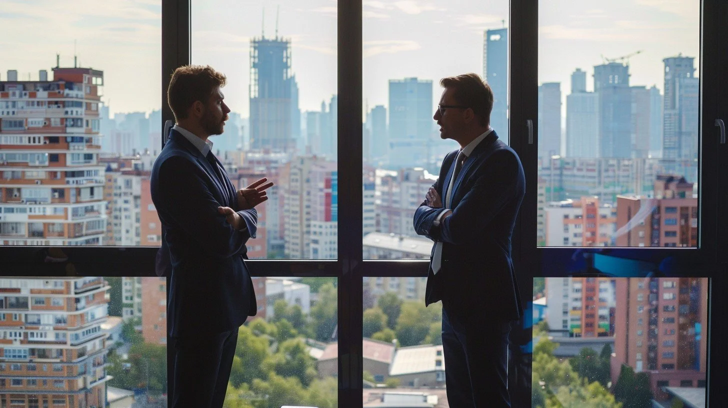 Two men in suits having a conversation during an interview in front of a large window with the city skyline in the background.