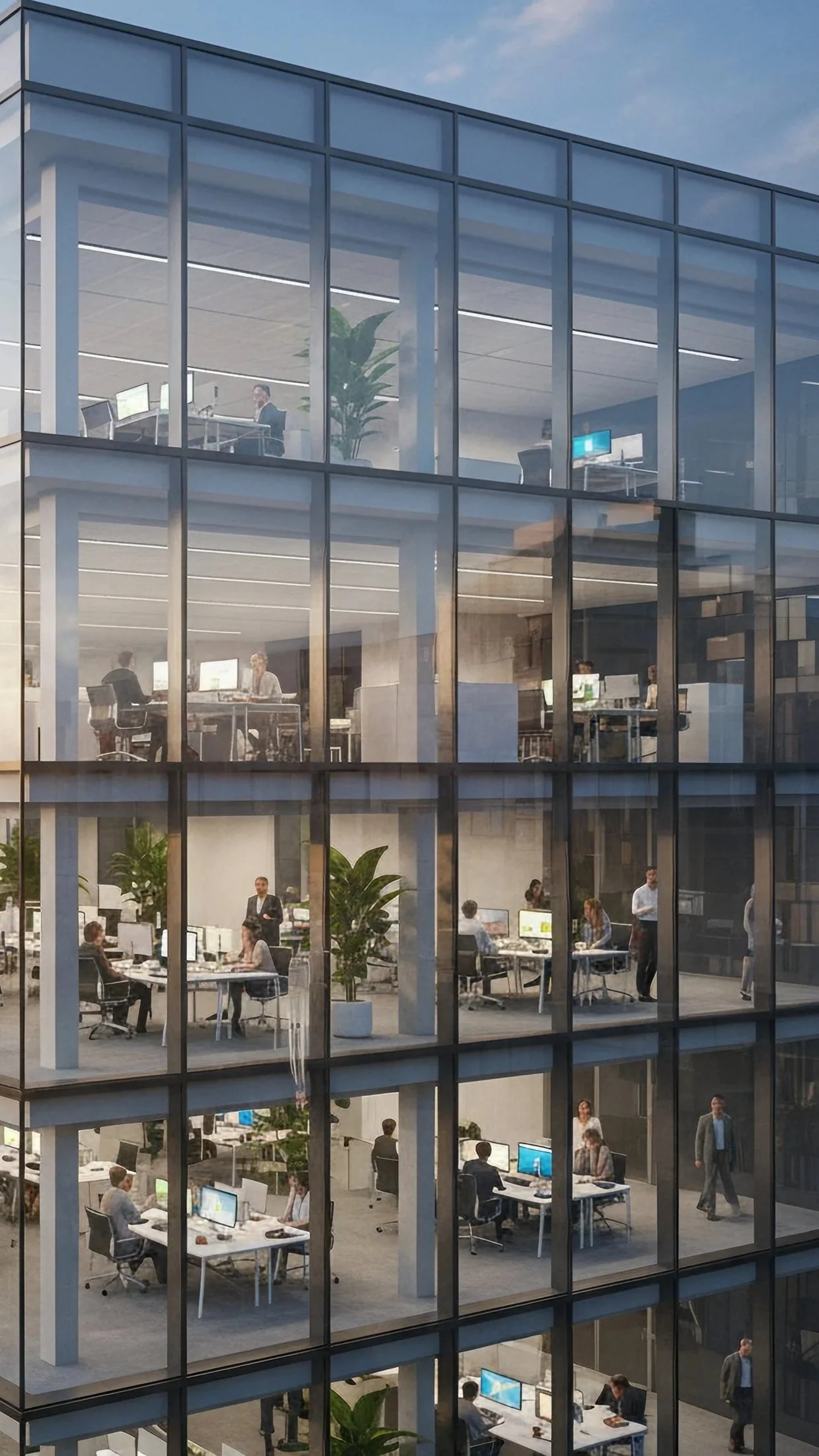 Interior view of a modern office building with glass walls, showing multiple floors filled with employees working at desks with computers, and some employees walking through the space.