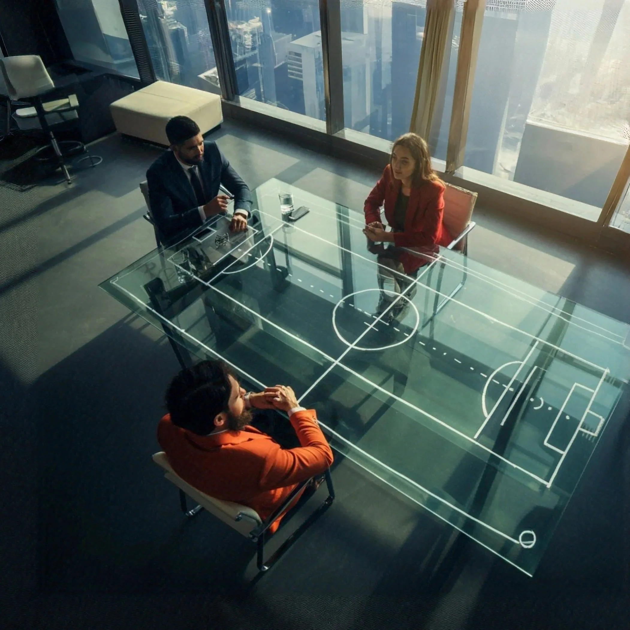 Three business people in a high-rise office with a floor-to-ceiling window, sitting around a glass conference table with a digital basketball court plan. They are engaged in a discussion.