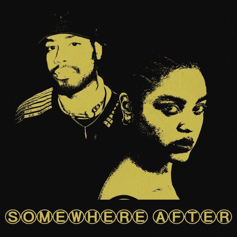 A stylized artwork featuring a man with a beard and hat and a woman with dark makeup and braided hair, with the words 'Somewhere After' at the bottom.
