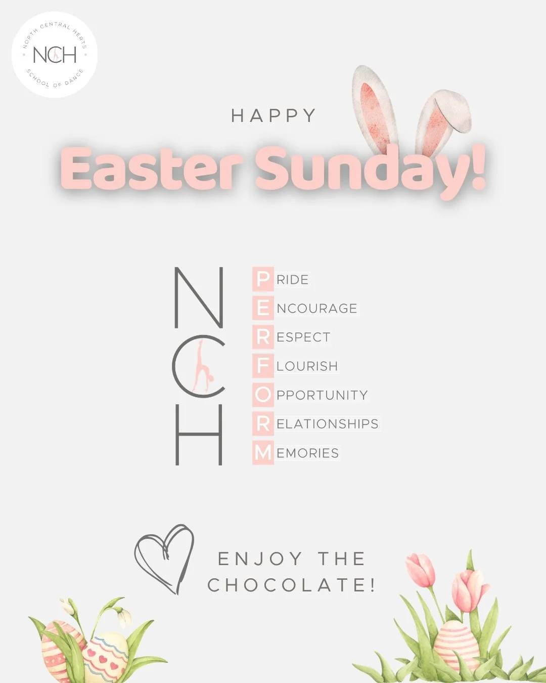 Happy Easter from everyone at NCH! 🐣🩷

We hope you all have a lovely day filled with smiles, chocolate, and time with family and friends.

Enjoy the rest of the Easter holidays, and we can&rsquo;t wait to see you back in the studio soon! 🩰✨

#nchs