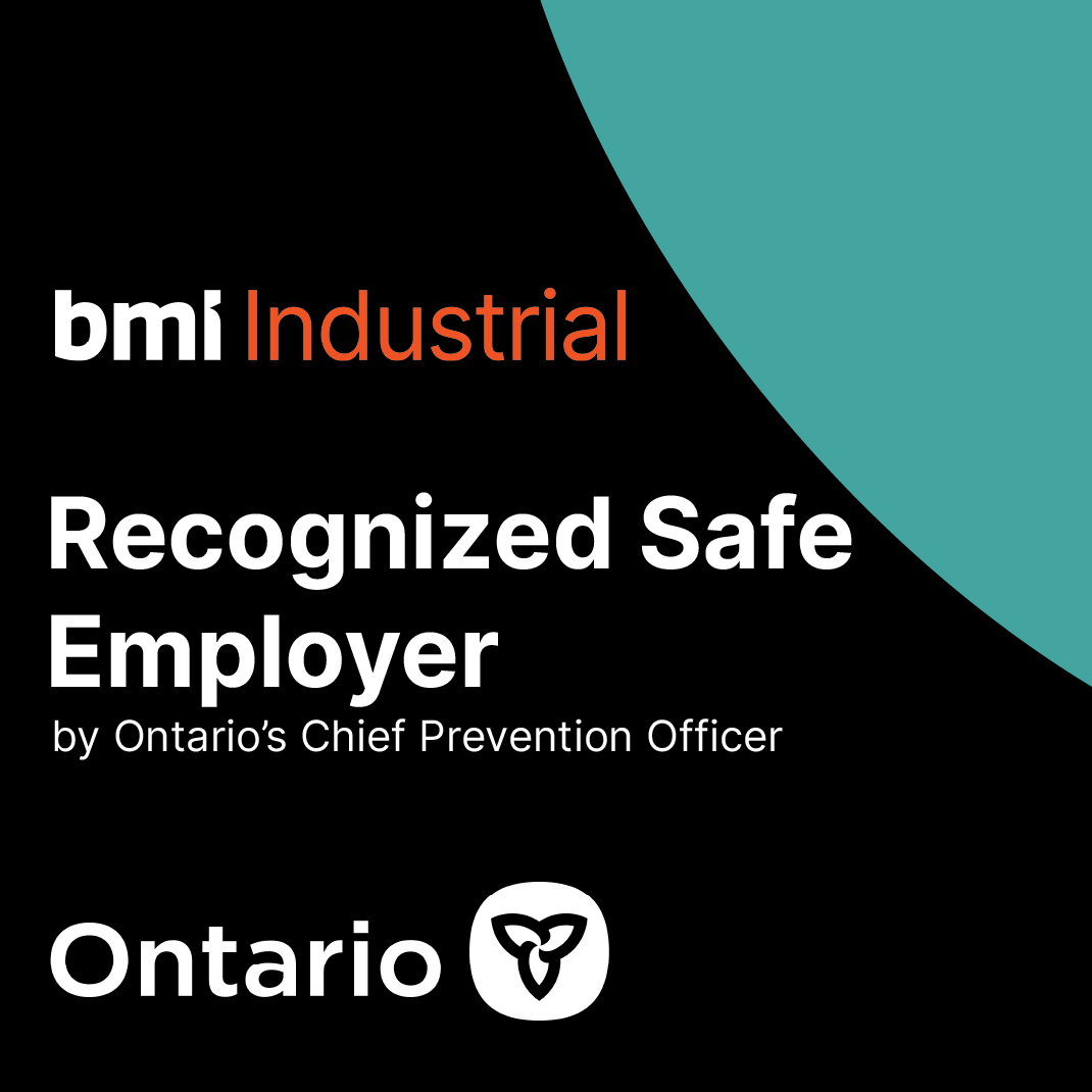 Recognition badge for a recognized safe employer from Ontario, labeled as BMI Industrial, with the Ontario government logo and text indicating approval by the Chief Prevention Officer.