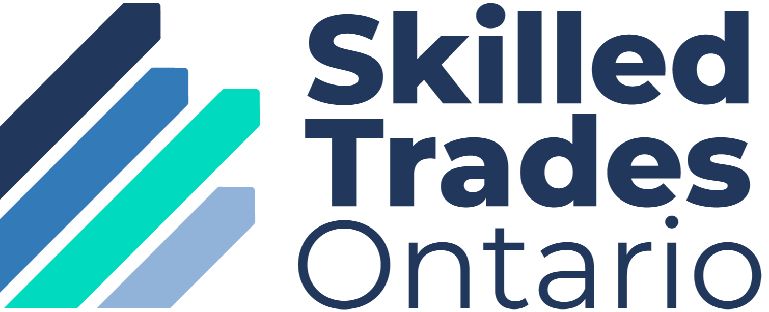 Logo of Skilled Trades Ontario featuring three diagonal bars in dark blue, teal, and light blue, with the organization name in bold blue text.