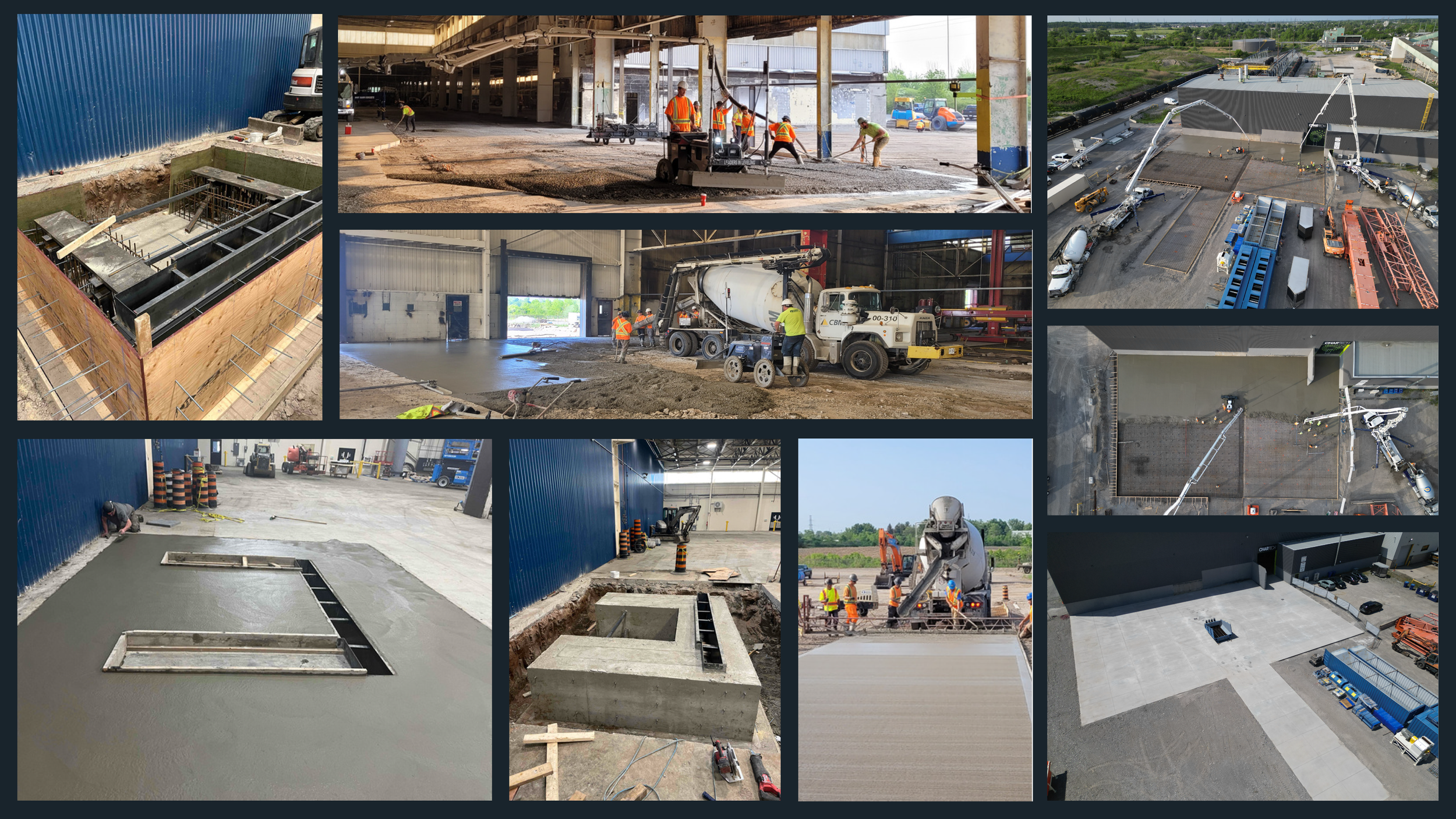 Various stages of construction work, including concrete pouring, framing, and site preparation at an industrial building site.
